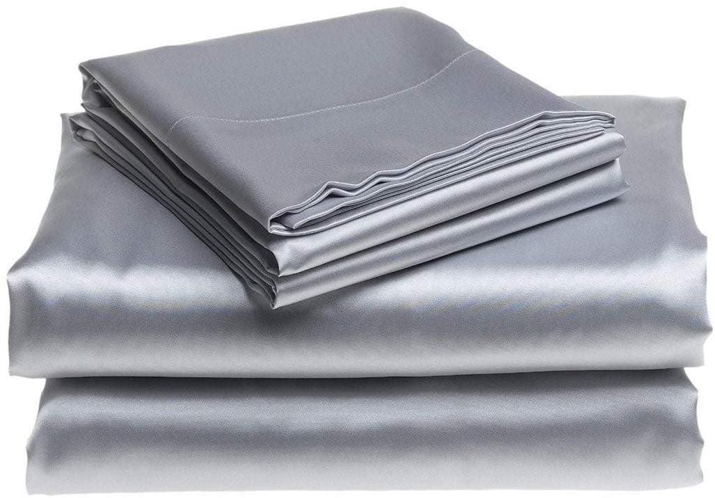 Bedify Bedding 100% Pure Silk Satin Sheet Set 4pcs, Silk Fitted Sheet 15'' Deep Pocket,Silk Flat Sheet & Pillowcases Set !!!Queen,Silver Grey