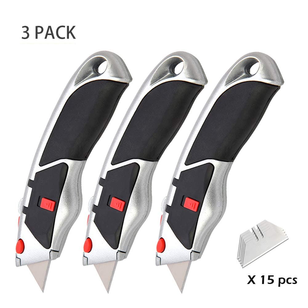 Razor Utility Knife, Heavy Duty Auto-Load Box Cutter with Quick Change Blade Mechanism, Ergonomic Retractable 3 Position Blade Locking Saddle,No Slip Rubber Grip Handle (3 Pack,15 Blades)