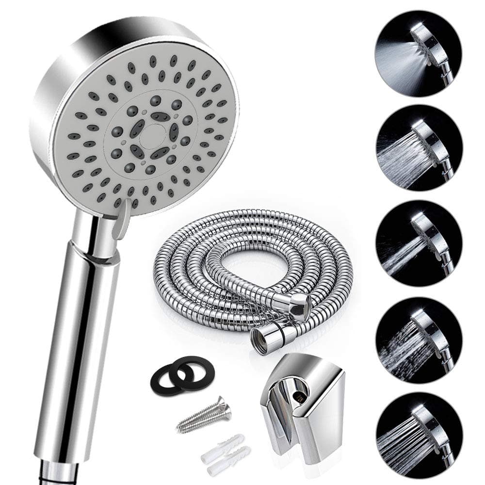 Shower Head, 5 Mode Spray Universal Shower Head Bath Water Saving High Pressure with 1.5m(4.92ft) Flexible Stainless Steel Shower Hose, Shower Bracket, Handheld Shower Heads for Dry Skin, Hair