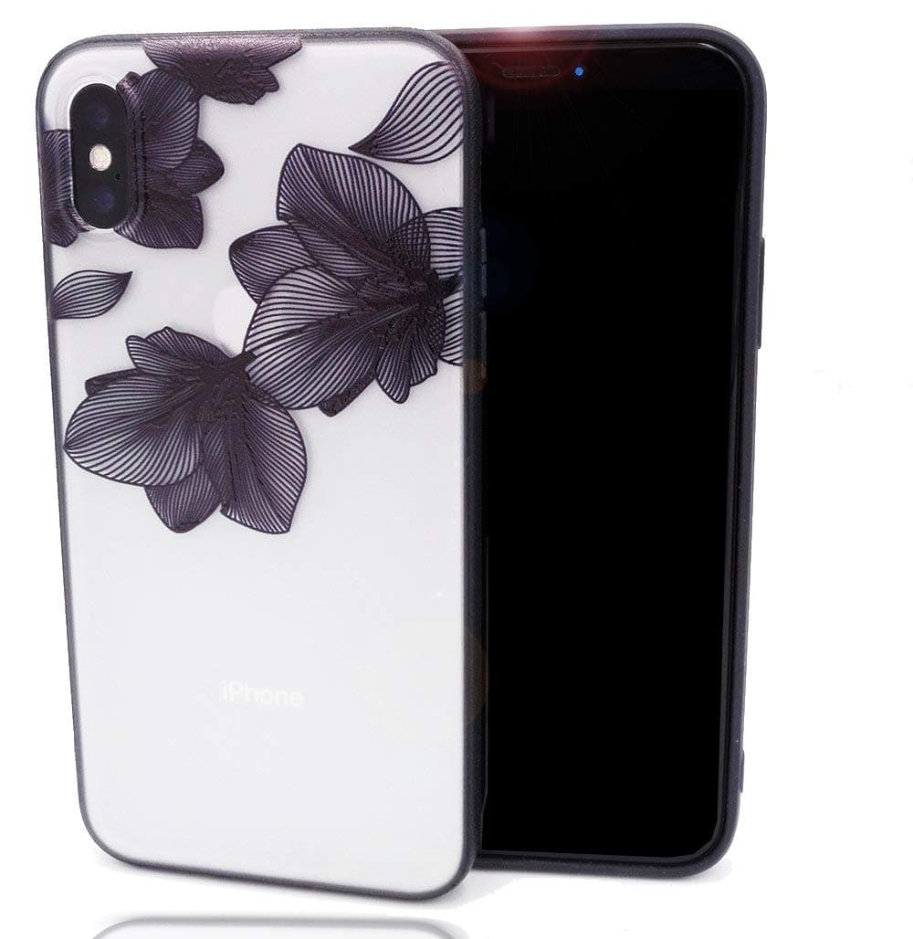 iPhone X Case, Tropical Flower Printed Slim Fit Lace Case for Girls Soft Bumper Shockproof Palm Tree Hard Matte Clear Back Cover Totem Henna Design for iPhone X XS iPhone 10,Floral Black Lotus Leaves