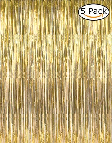 3.2 ft x 9.8 ft Metallic Tinsel Foil Fringe Curtains for Party Photo Backdrop Wedding Decor (5, Gold)