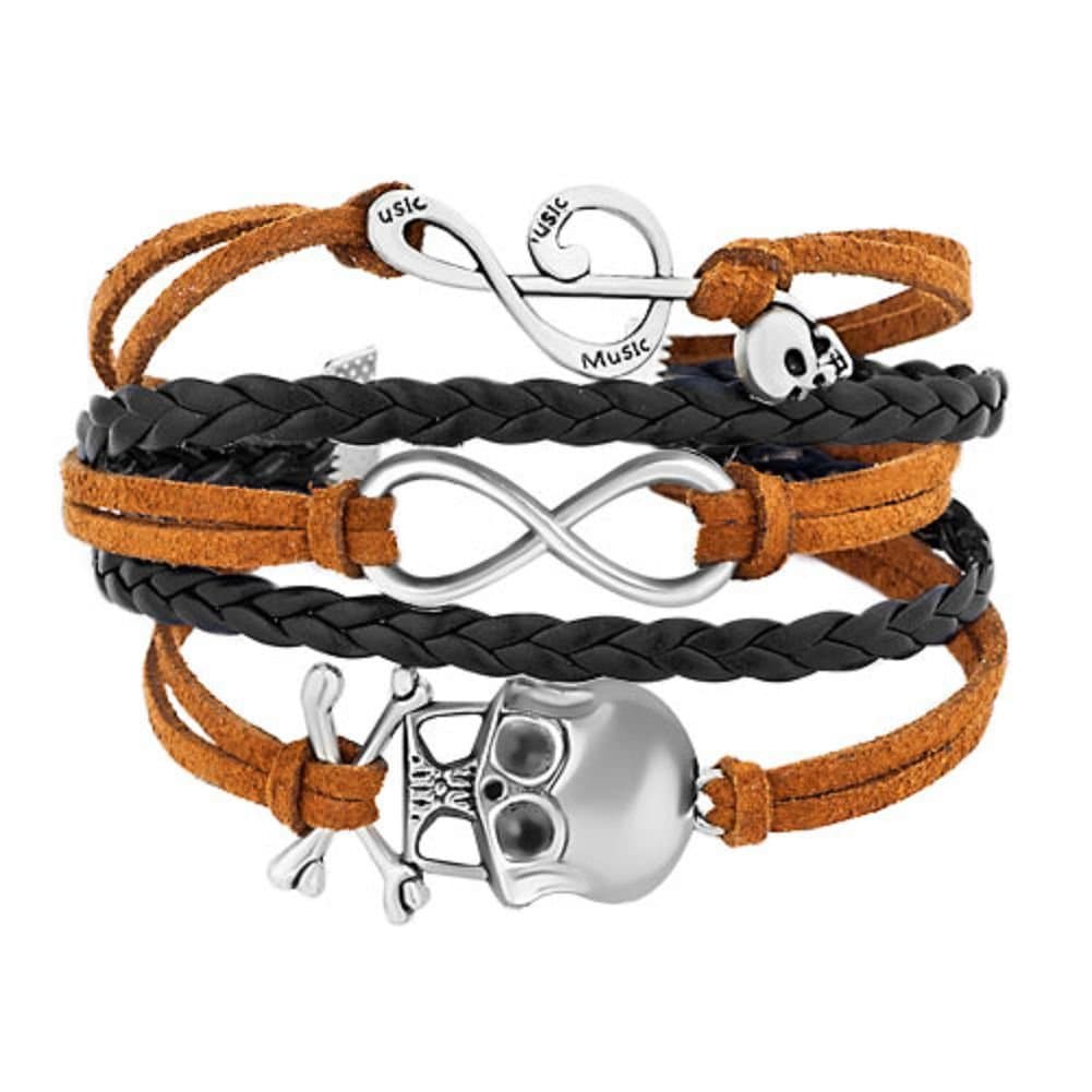 Uniqueen Braided Leather Wrap Bracelet Sideways Infinity Skull Music Note Womens Girls Wristband Bracelets