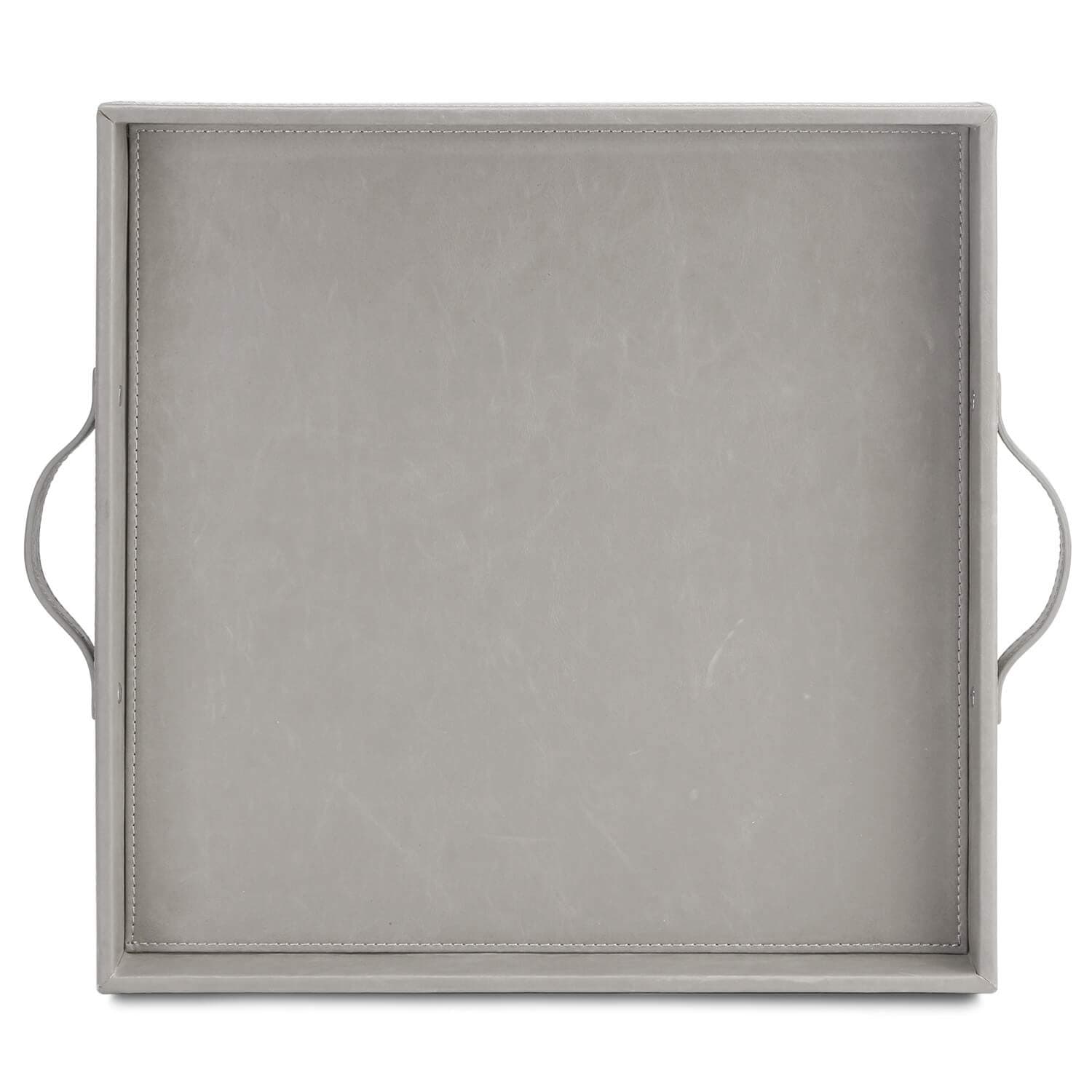 Ranslen Large Square Decorative Serving Tray with Handles PU Leather, Coffee Table Tray, Ottoman Tray for Home or Office, 15-inch Square, Gray
