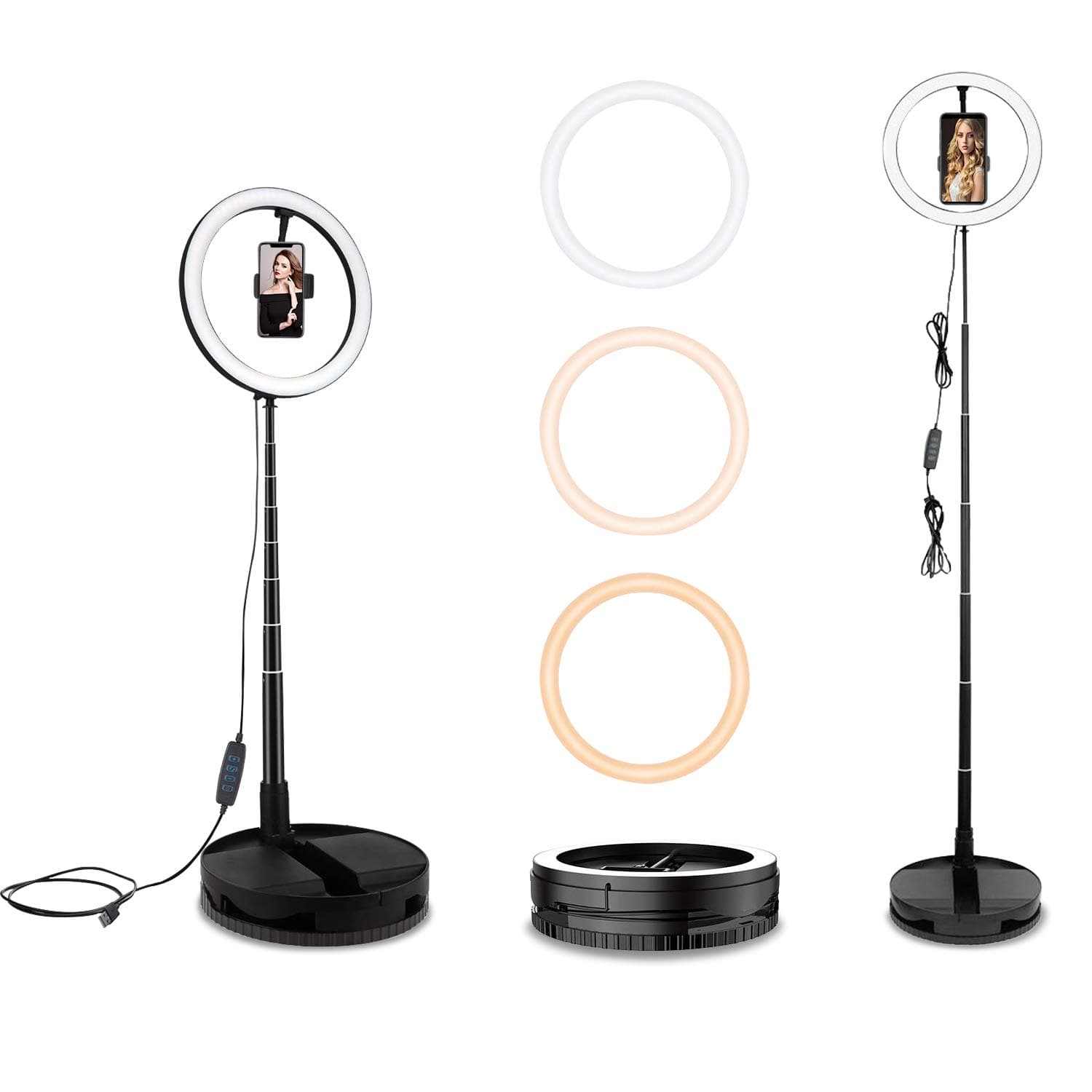 10" Selfie Ring Light with Stand and Phone Holder,Foldable Makeup Light 19.7" - 66” Stretchable Portable Selfie Desk Fill Light for Indoor Outdoor Live Stream/Makeup/YouTube Video/Photography/Vlog