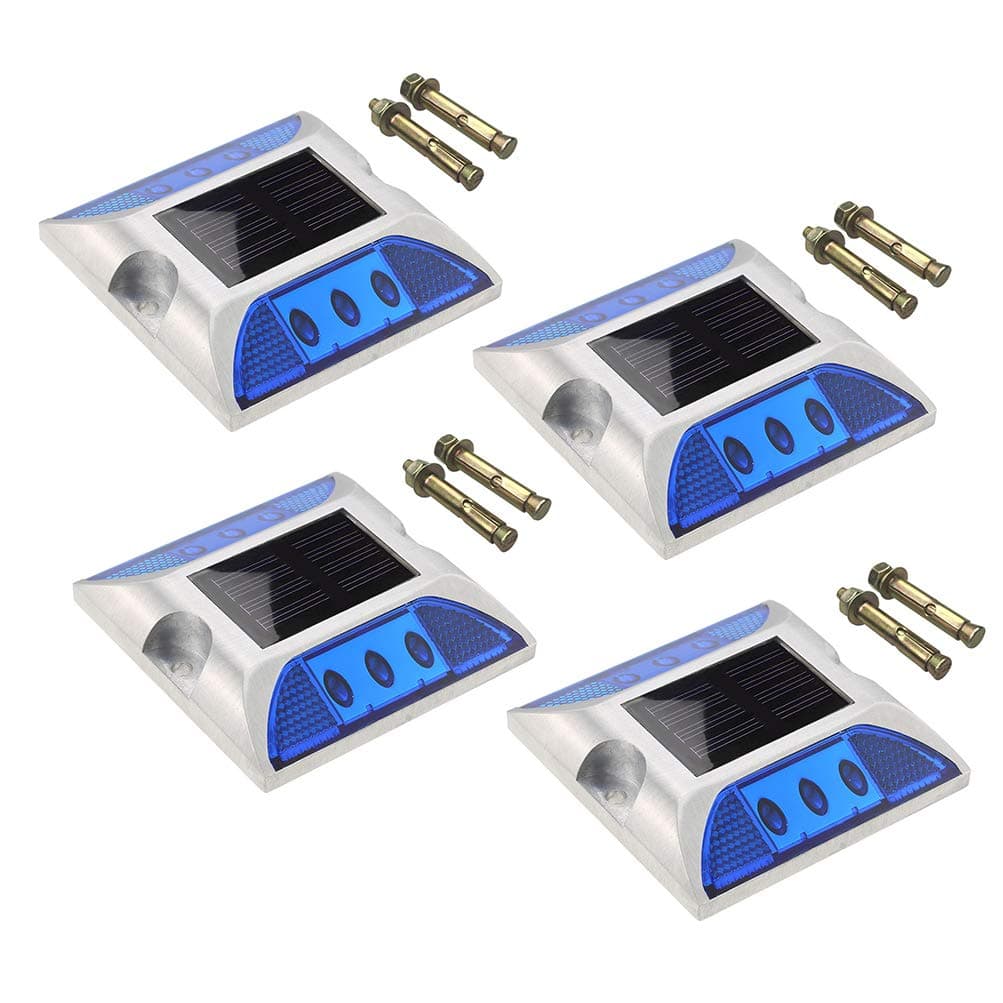 Casting Aluminum 6 LED Road Stud Light Outdoor Solar Powered Dock Pathway Road Marker Stud Lamp Weatherproof Highway Warning Traffic Security Light(4Pack,Blue)