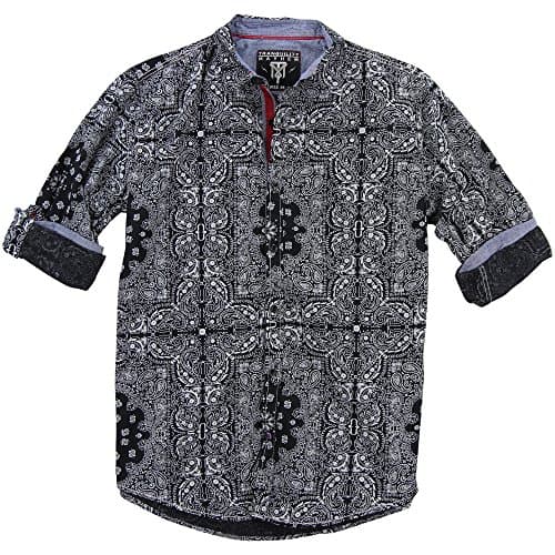 Men's Bandana Print Button Down Shirt (Black/Grey, Medium)