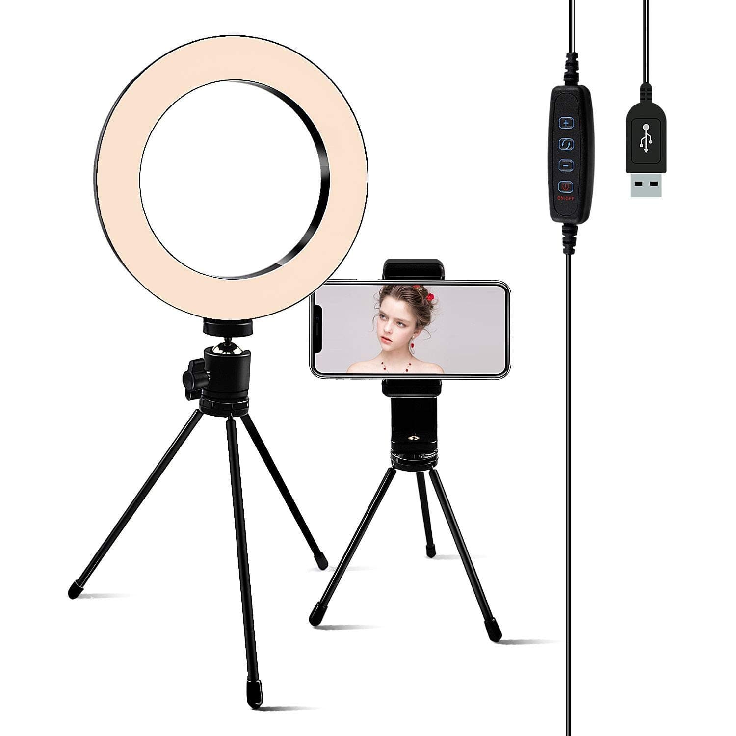 6.3" Selfie Ring Light with Tripod Stand,Juhefa LED Camera Light with Cell Phone Holder for YouTube Video,Makeup,Desktop LED Lamp Compatible with iPhone & Android.Camera & Phone (3-Light Mode)