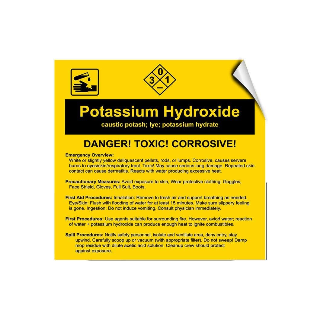 Label Decal Sticker Potassium Hydroxide Caustic Potash Lye Potassium Hydrate Durability Self Adhesive Decal Uv Protected & Weatherproof