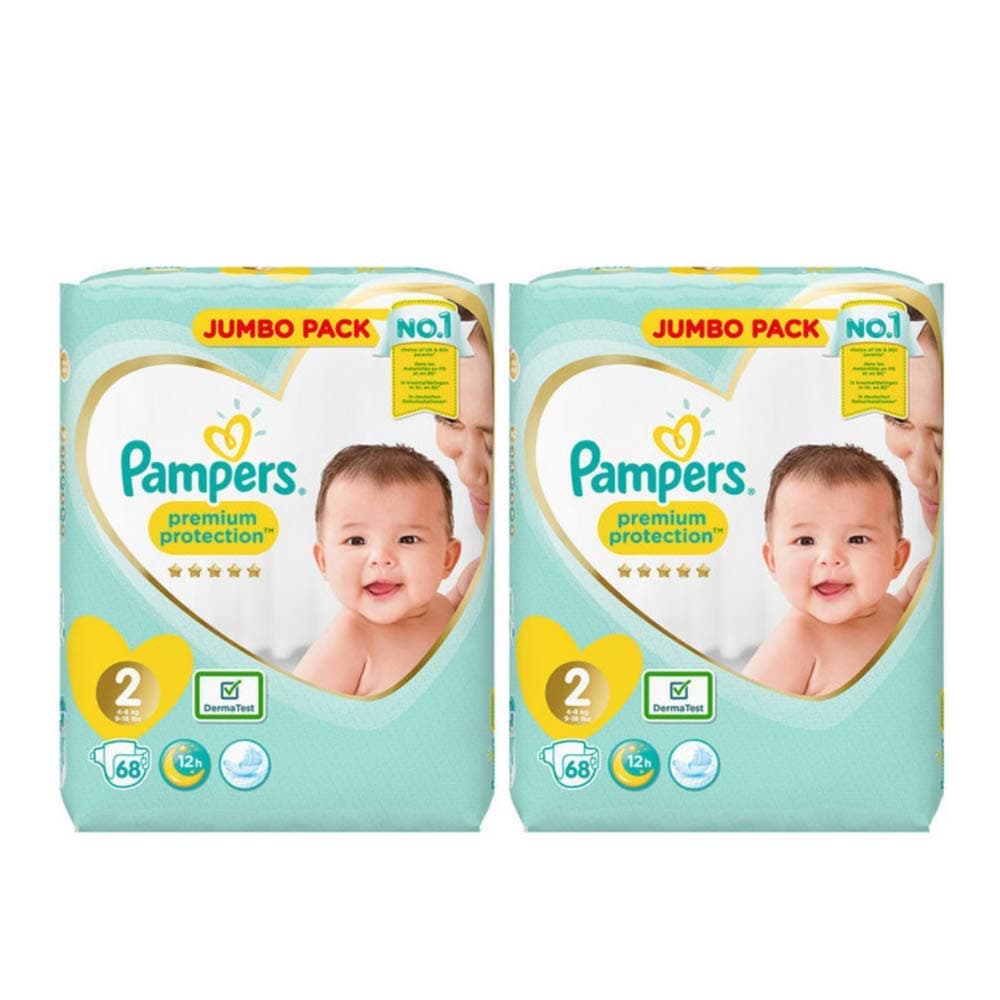 Pampers Size 2 Premium Protection Jumbo Plus Value Pack 2 Packs 68 = 136 Nappies Silky Softness Best Protection for New Baby Complete with eBook Baby Toddler Tips by Aetn