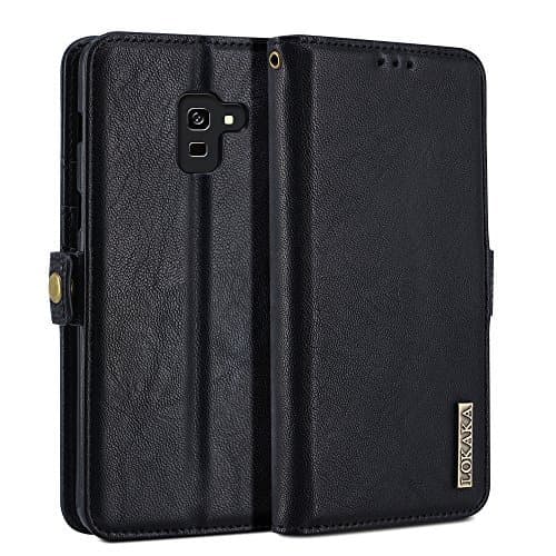 LOKAKA Case for Samsung Galaxy A8 Plus 2018, Folding Flip Cases Protective Cover Strong Magnetic Closure Protector with Card Slots Kickstand (Black, 6.0”)