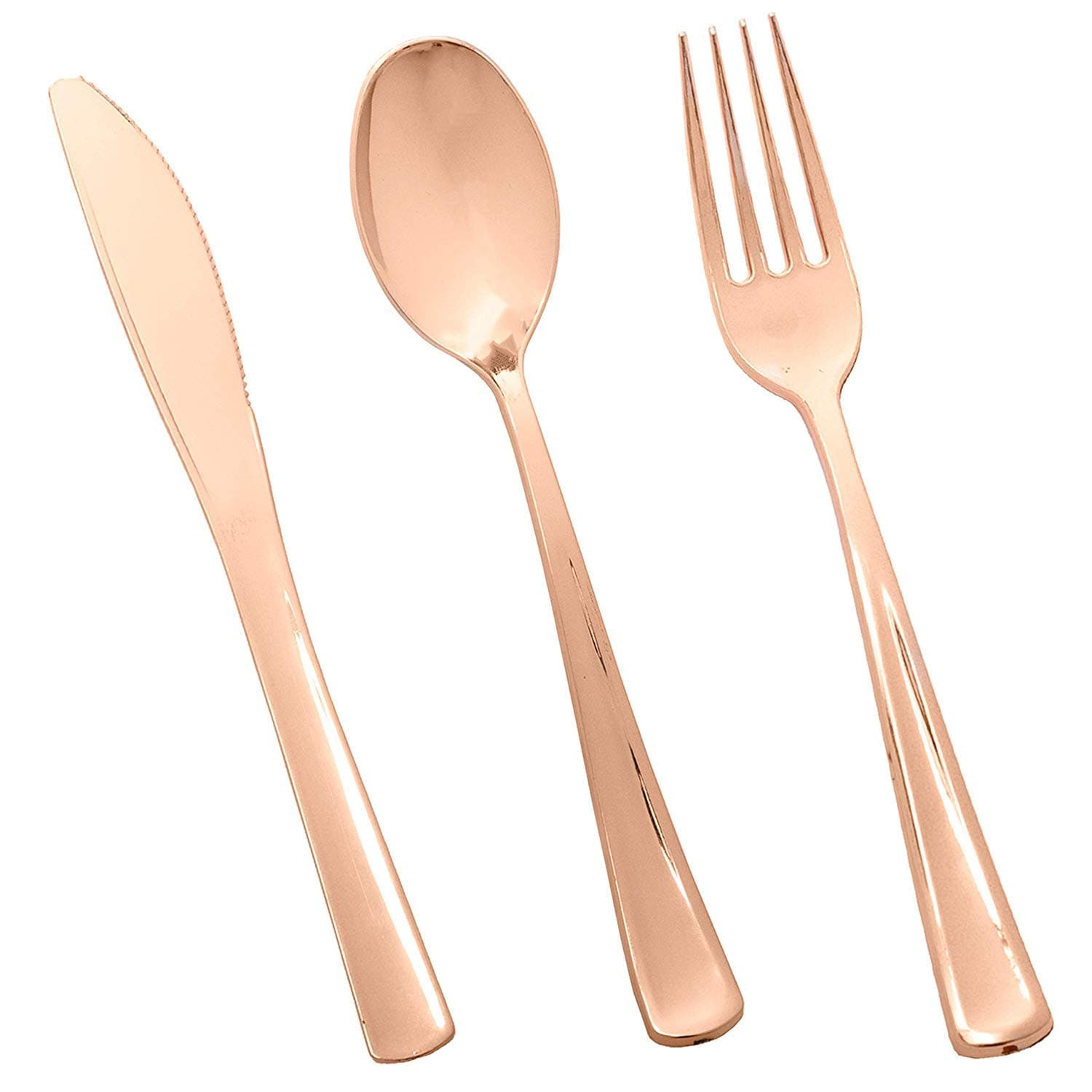 150 Piece Rose Gold Plastic Silverware Set - 50 Spoons, 50 Forks & 50 Knives - Bulk Disposable Cutlery for Party