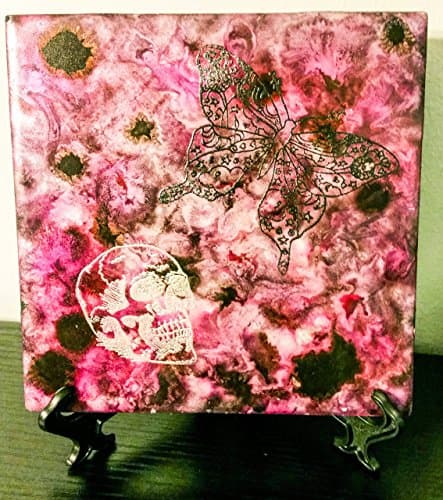 FALL HALLOWEEN DECOR GIRLY GOTH HOME DECOR 6 BY 6 INCH HOT PINK BLACK AND SILVER SKULL CANDY INSPIRED ALCOHOL INK SKULL EMBOSSED COASTER OR DECORATIVE TILE INCLUDES STAND AND FREE SHIPPING
