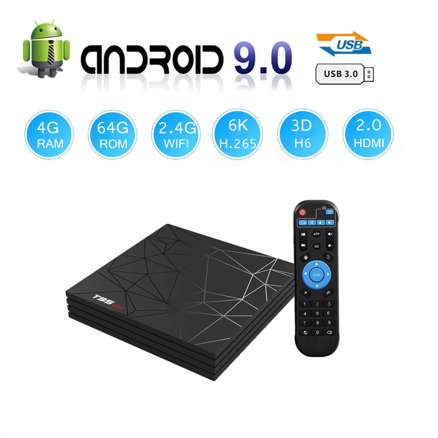 Android 9.0 TV Box, Newest Smart Box 4GB RAM 64GB ROM H6 Quad-Core Cortex-A53 Mali-T720MP2 Media Player Support 6K H.265 100M LAN Internet 2.4GHz WiFi 3D Set Top Box with USB 3.0