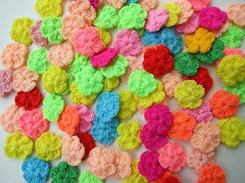 ICRAFY 's Brand 100 Pcs. Assorted Tiny Handmade Crochet Flower Fabric Cotton Satin Craft Sewing Appliques DIY Diameter 12 mm.