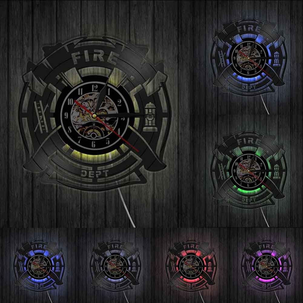 LQGZ Wall Clock Fireman Fire Fighter Dept 3D Wall Black Watch Man Hero First Responder Emergency Vintage Design Illuminated Slient Wall Clock
