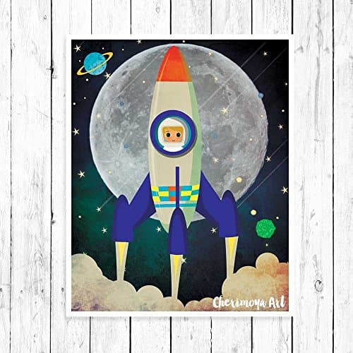 Launch Rocket Wall Art for Boys Rooms - Retro Rocket Spaceship Art Print
