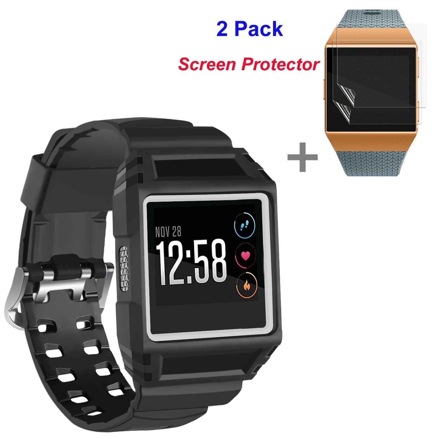 JINGCI Bands with Case for Fitbit Ionic, Shockproof Sport Wristband with 2 Pack Screen Protector for Fitbit Ionic