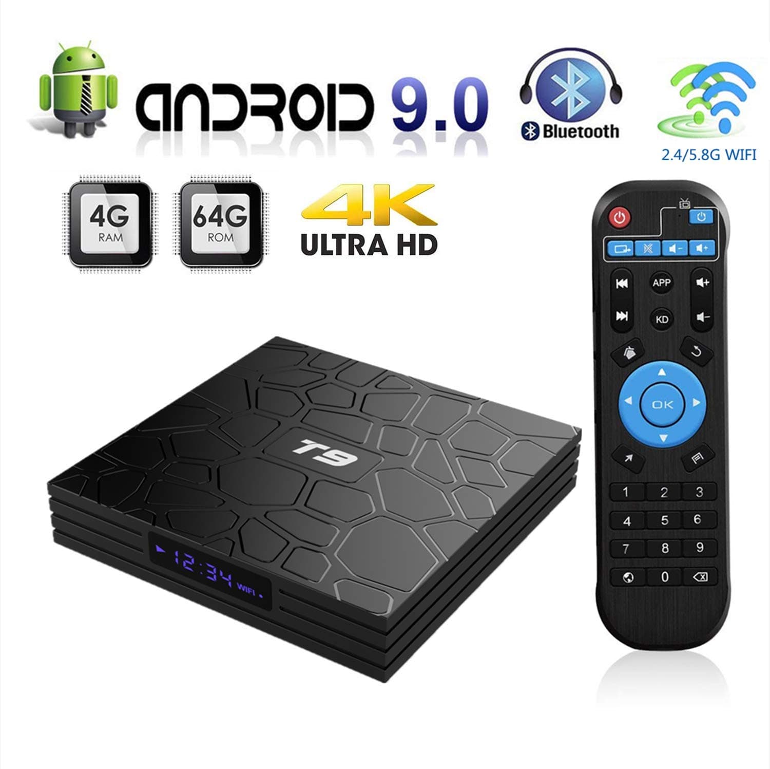 Android 9.0 TV Box, 2019 Newest Smart T9 Box 4GB RAM 64GB ROM RK3318 Quad-core 64 Bits Set Top Box Support 4K 3D 2.4Ghz/5Ghz Dual WiFi BT 4.0 USB 3.0 H.265 HDMI Output Ultra HD Video Player