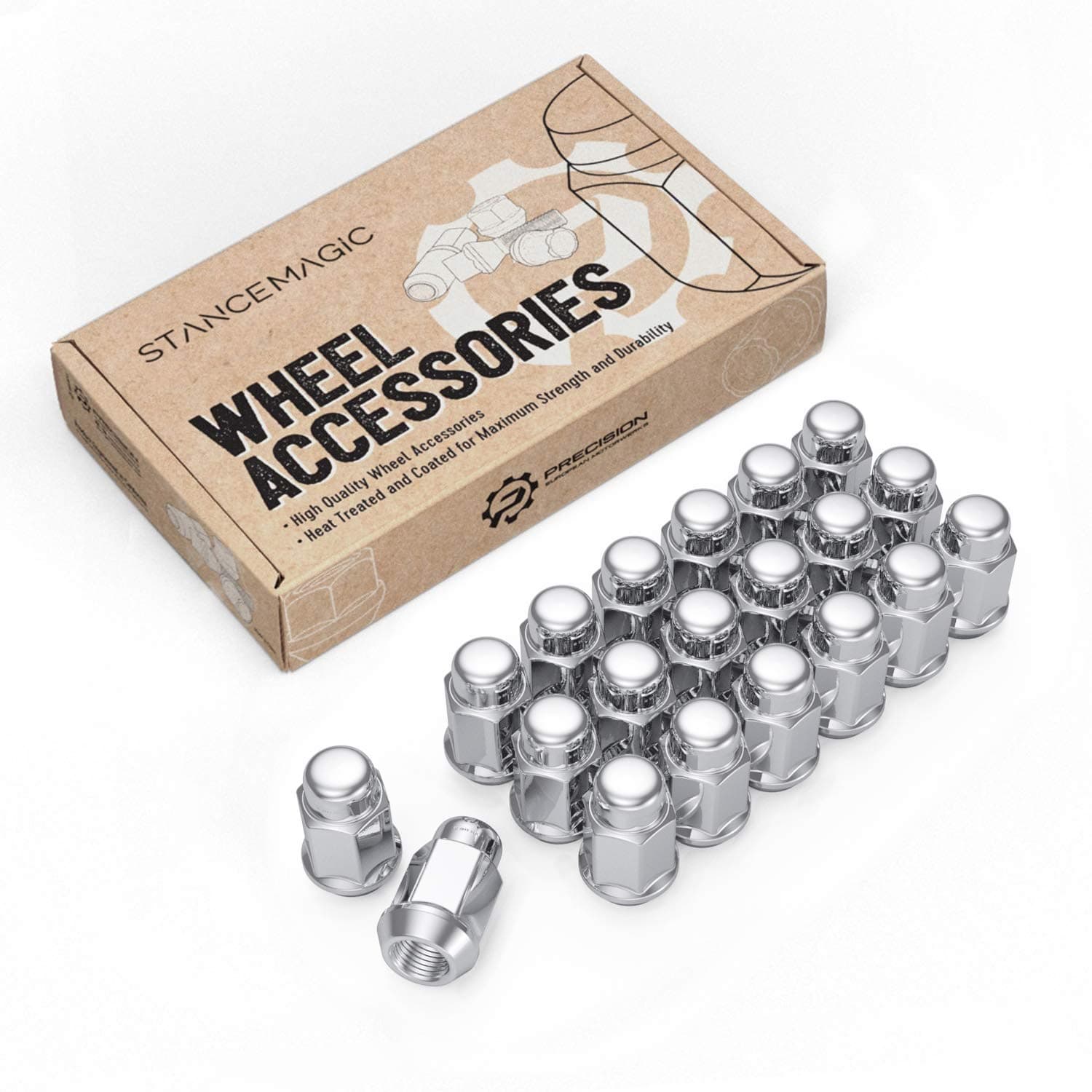 StanceMagic - 20pcs Silver Bulge Lug Nuts - Metric 12x1.5 Threads - 36mm Length (1.4 inch), 23mm (0.87 inch) Width - Large Conical Cone Taper Acorn Seat, uses 19mm or 3/4 inch Hex Socket