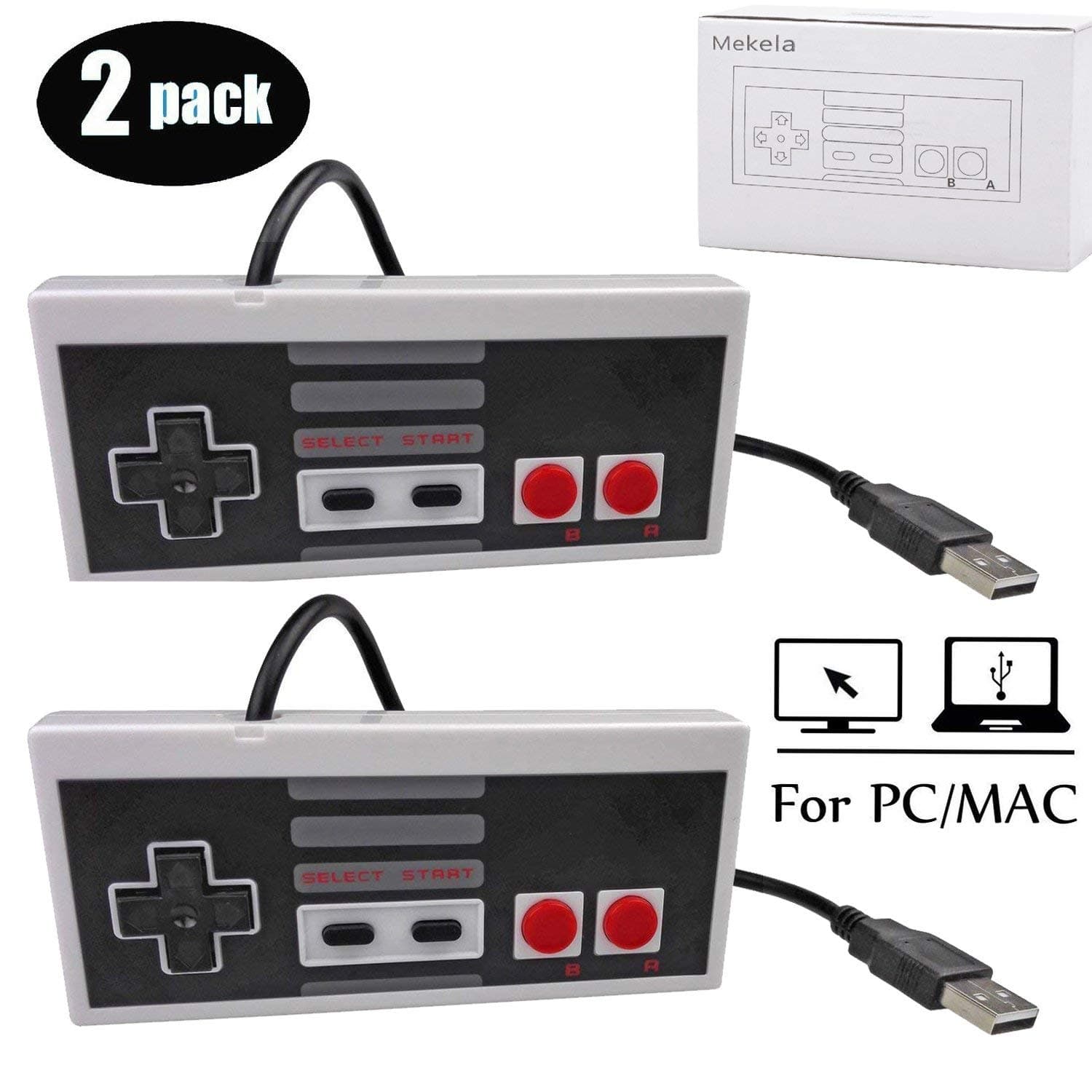 Mekela 2 Packs 5.8 feet Classic USB wired Controller for NES Gaming, Retro Game Pad Joystick Raspberry Pi Gamepad for Windows PC Mac Linux RetroPie NES Emulators (Gray and Gray) (Renewed)