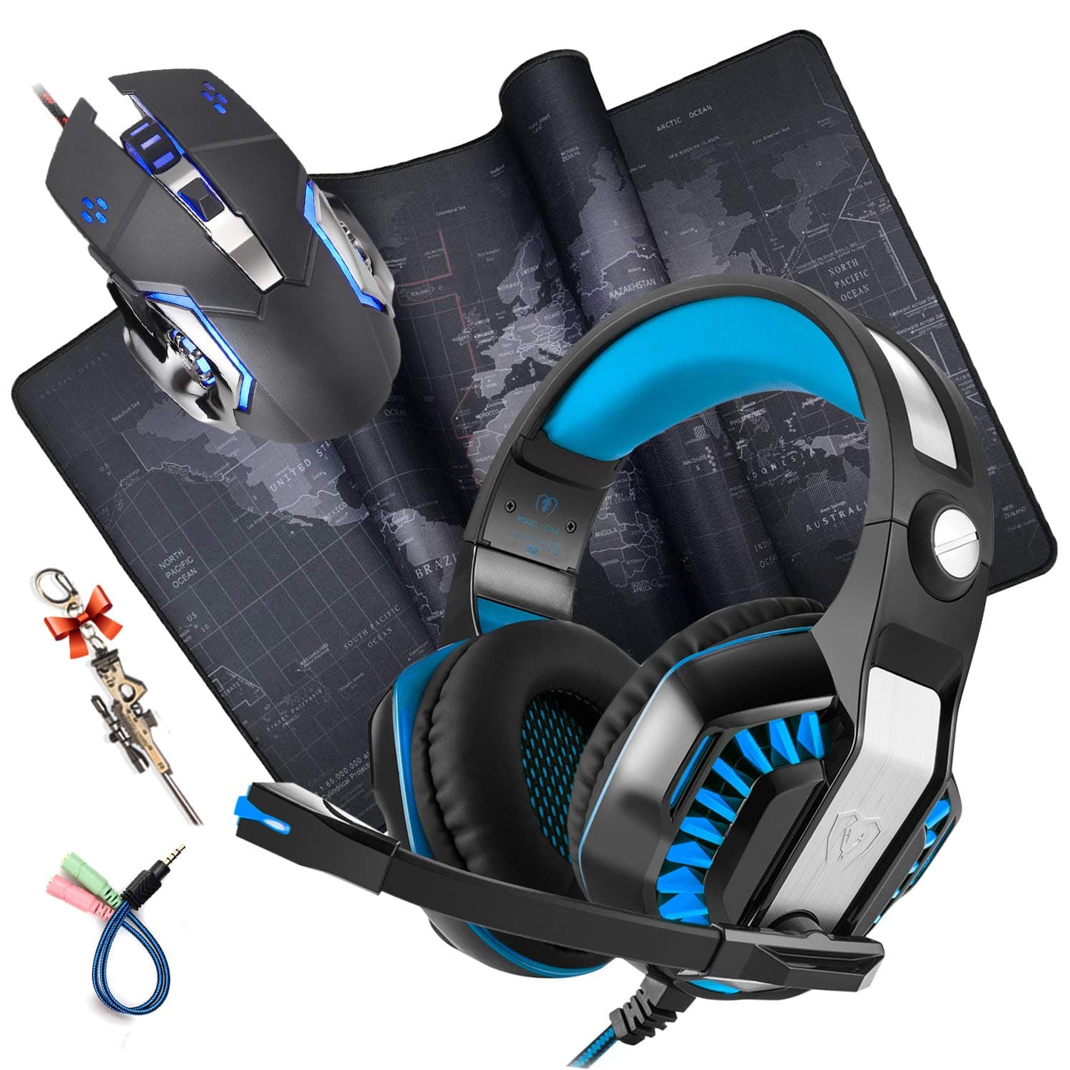Headset Mouse with Mouse Pad Combo, Professional PC GM-2 Gaming Headphone with Mic，Silent Click Mechanical Gaming Mouse, Game Large Mouse Mat (23.6x11.8x0.8IN/60x30x0.2CM , Map)