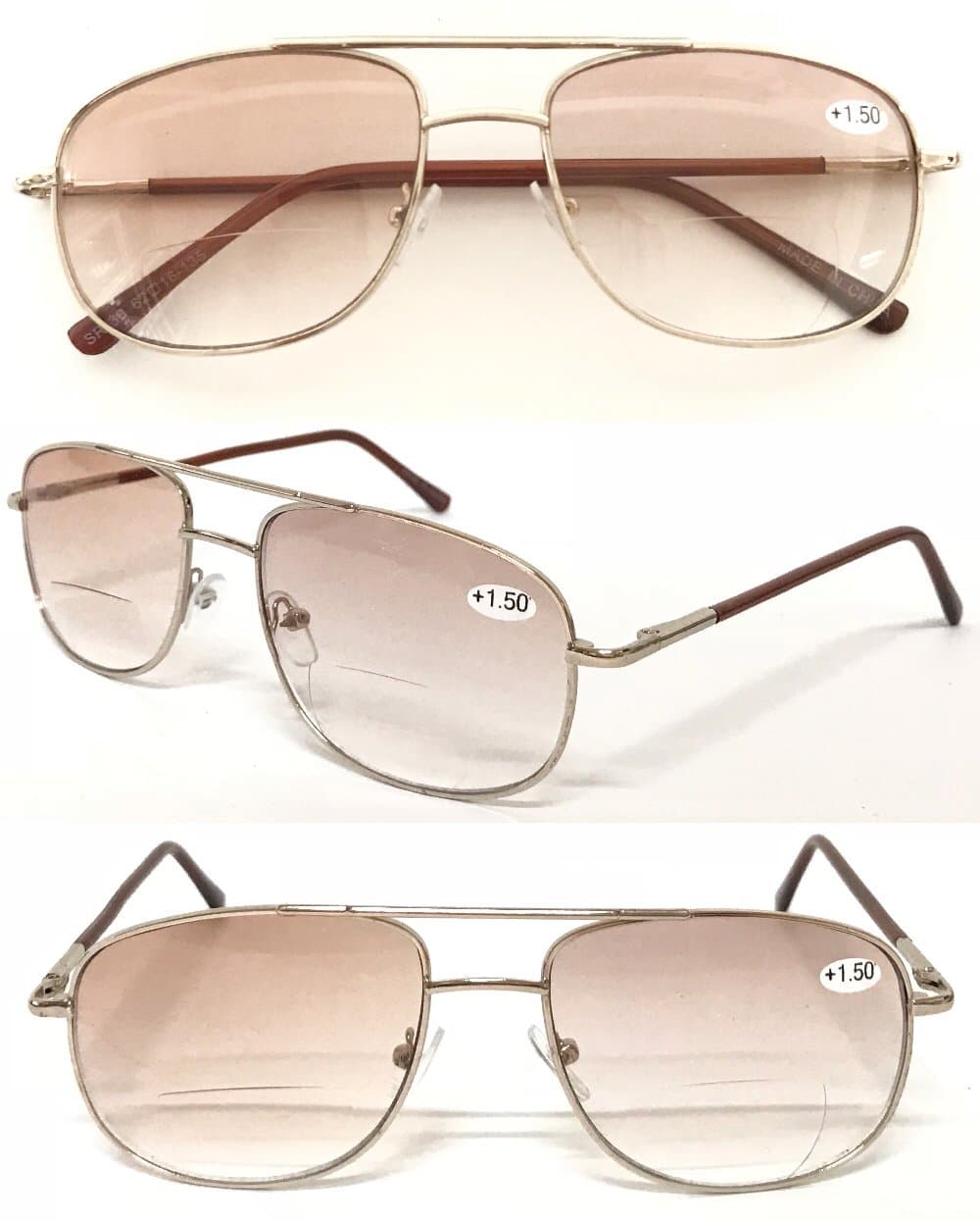 SR130 Double Bridge Pilot Bifocal Tinted Reading Sunglasses Spring Hinges