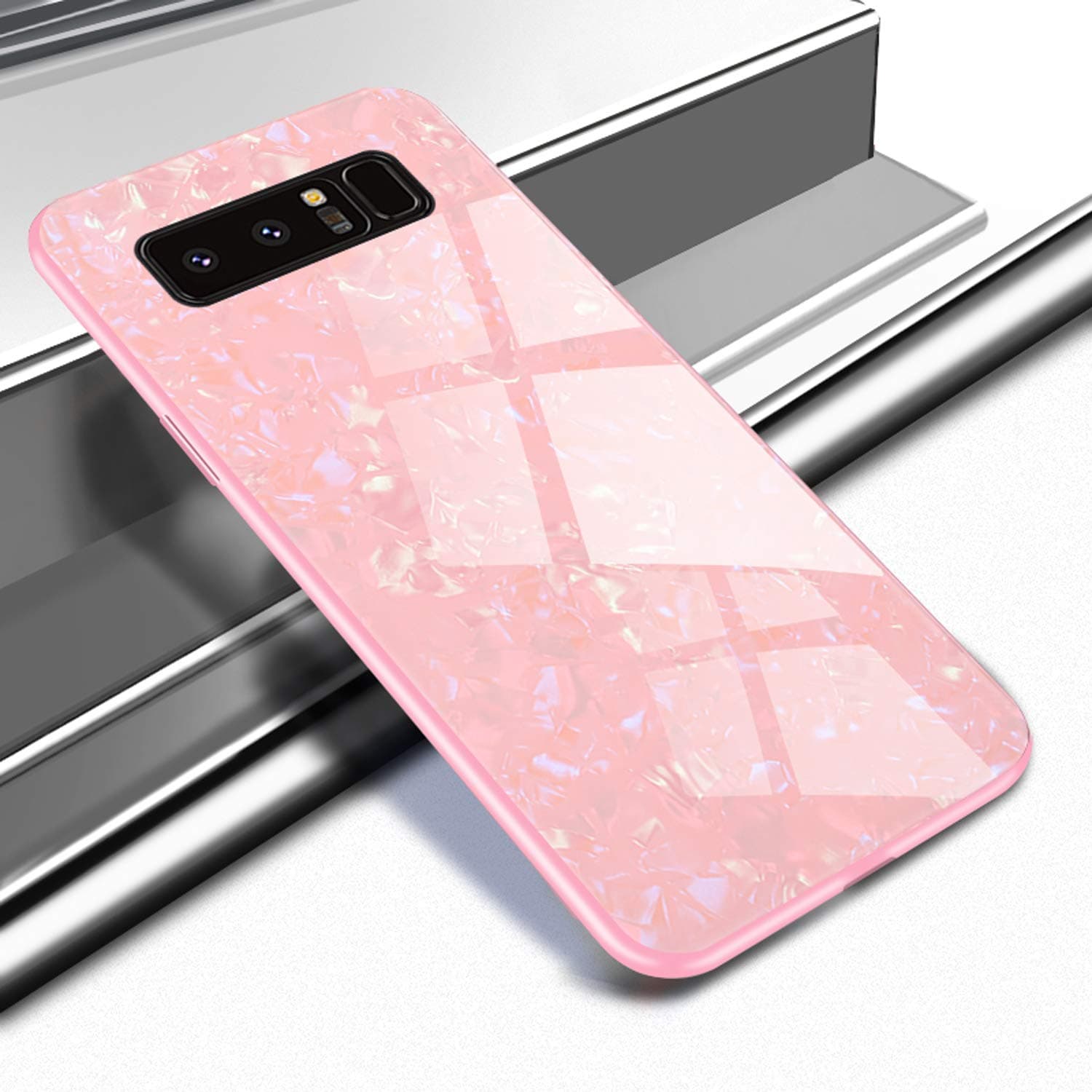 EYZUTAK Shell Design Case for Samsung Galaxy S10e,Ultra Thin Tempered Glass Back Mimics Hard Cover Anti-Scratch Soft TPU Silicone Bumper Shockproof Case for Samsung Galaxy S10e - Pink