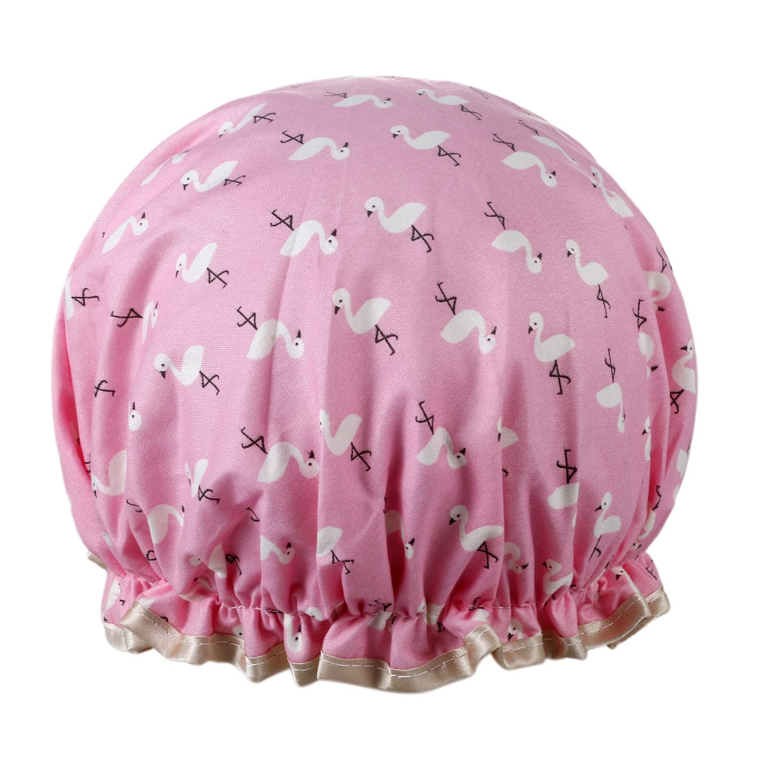 vtremShower Cap Lined Double Layer Waterproof Hair Bath Caps with Lace Elastic Band Lovely Pink Flamingo Pattern Reusable Bathing Hat for Women All Hair Lengths and Thicknesses