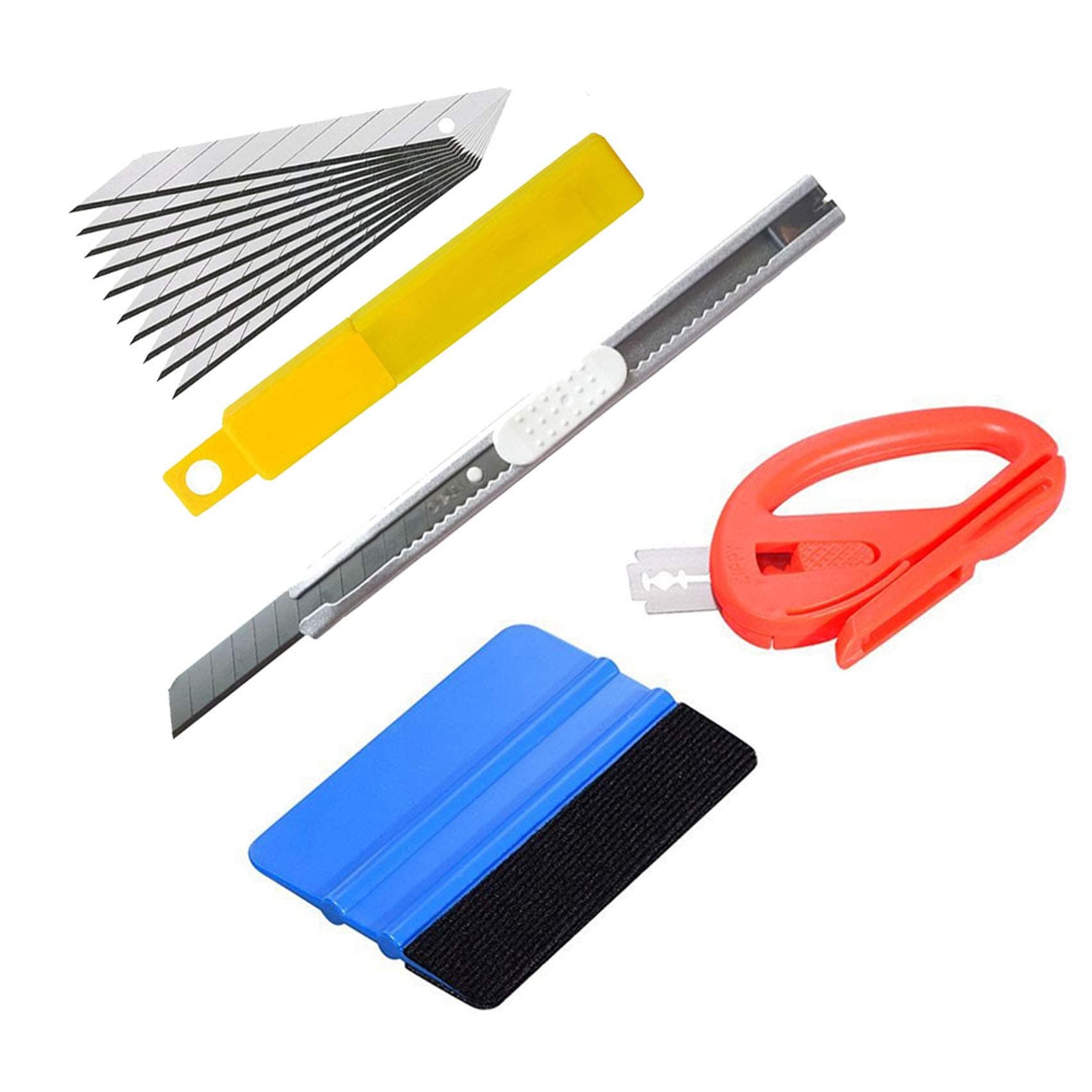 Car Glass Protective Film Installing Tools: 4.9" Felt Edge Car Squeegee,Safety Vinyl Cutter, Auto Lock Utility Knife with 10 Blades