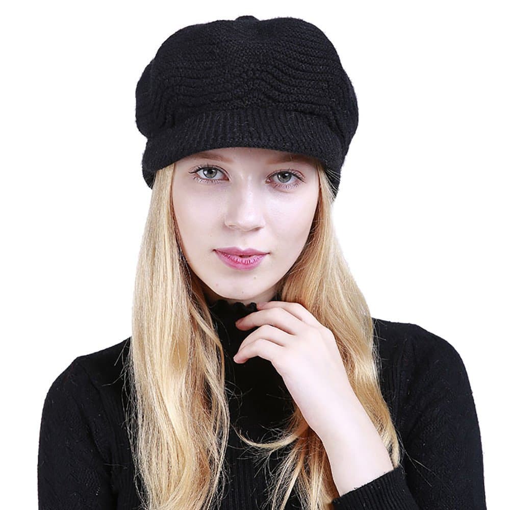 DOLDOA Womens Hat Winter Plus Velvet Solid Warm Crochet Wool Knitted Fashion Manual Caps with Visor