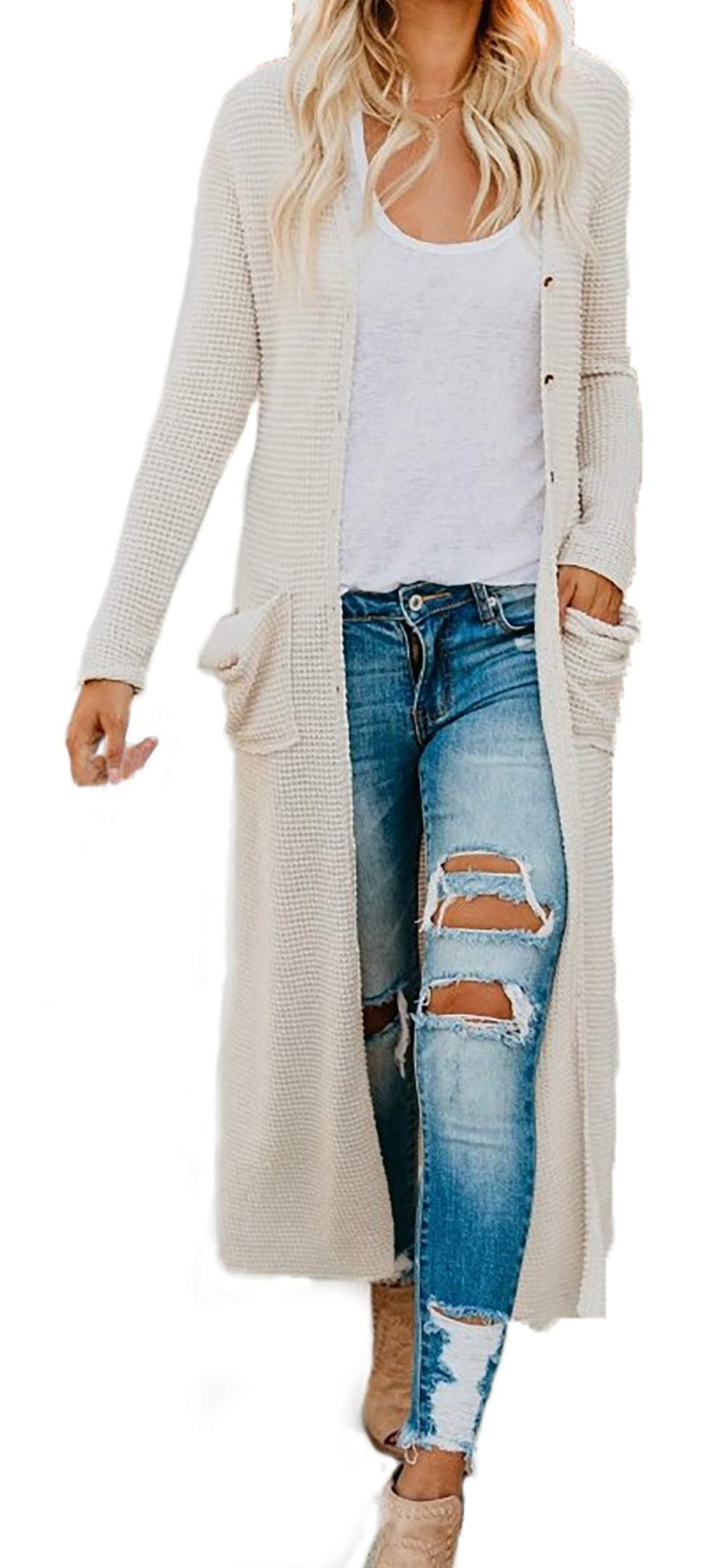 Women's Boho Long Casual Cardigan Long Sleeve Button Down Front Pocket Knitted Sweater Blouses