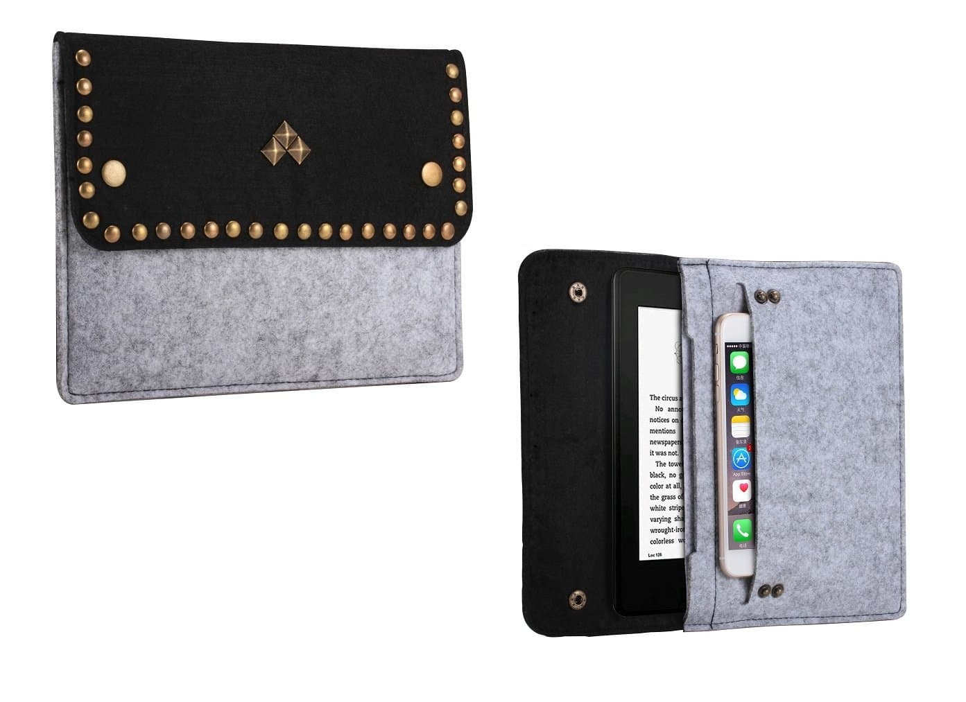 Greenpointselect Rivets Rock & Roll Felt Sleeve Case for Kindle Paperwhite (Fits All Versions) , Kindle Voyage, All New Kindle, Black and Gray