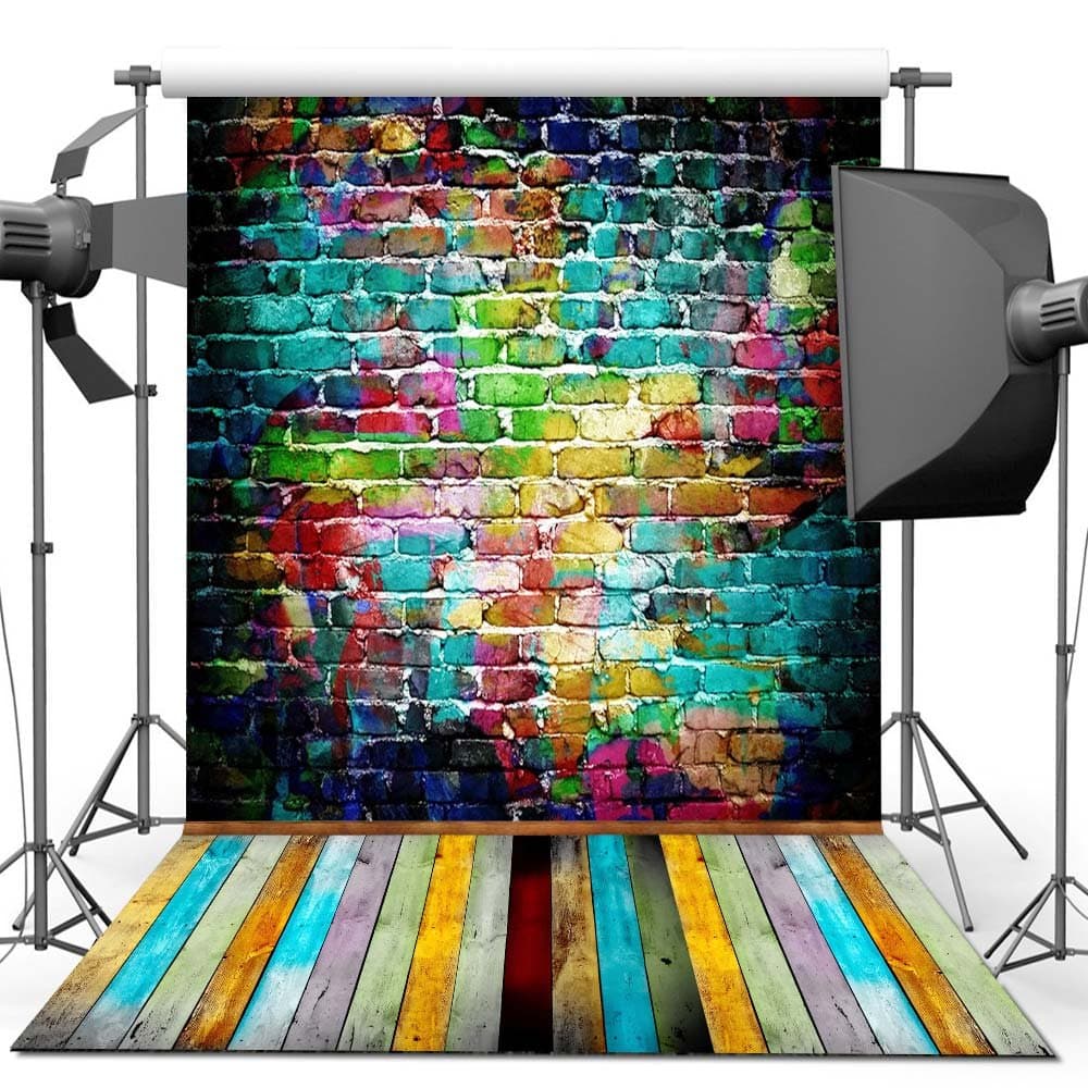 Photo Backdrop, econious 1.5 x 2.2 m Colorful Brick Wall Wood Floor Backdrop for Photography, Resistant Fleece-Like Cloth Fabric, With Rod Pocket(Backdrop Only)