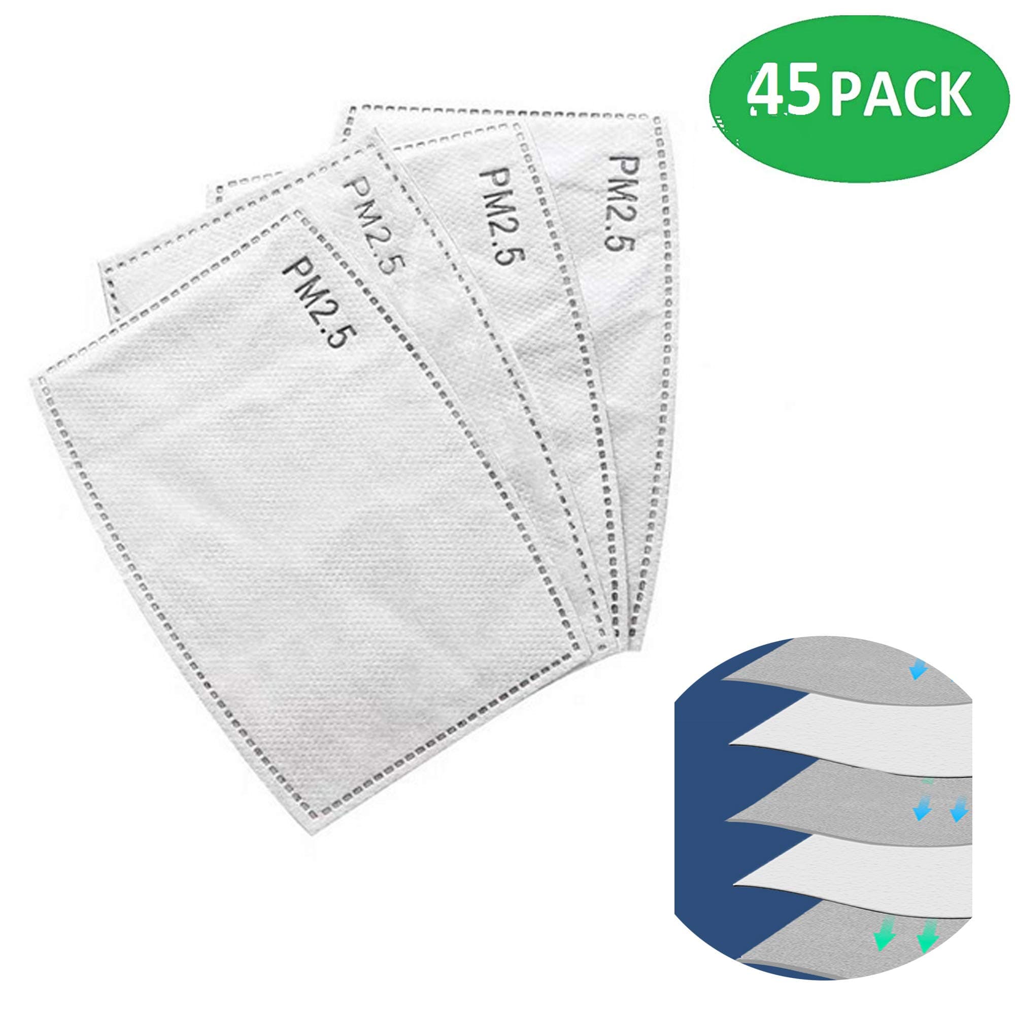 Adult PM2.5 Activated Carbon Filter, Breathing Insert 5 Layers Protective Filter for Men Women(Adult Size) (45 PACK)