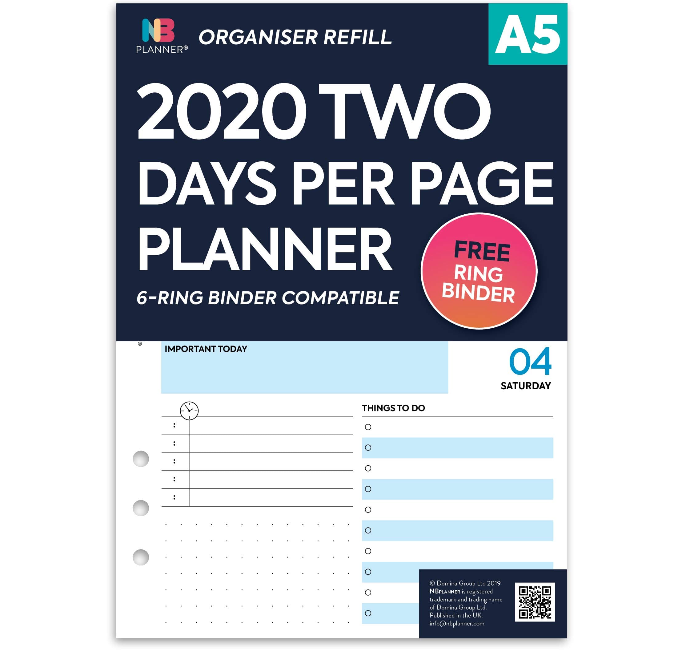 NBplanner 2020 Two Days per Page Planner A5 Organiser Refill Insert Filofax A5 Compatible (2 Days per Page)