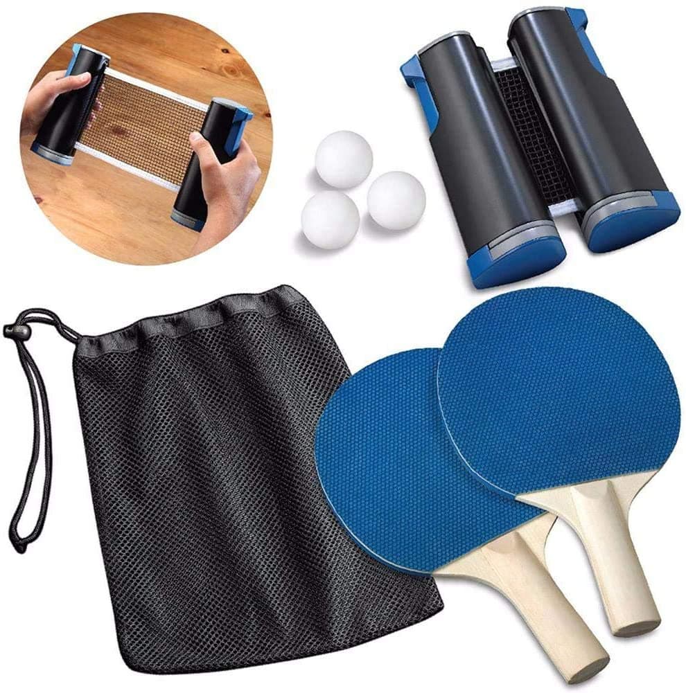 Ping Pong Paddle Set with Retractable Net - 2 Premium Table Tennis Rackets - 2 Standard Balls, Portable Cover Case Bag