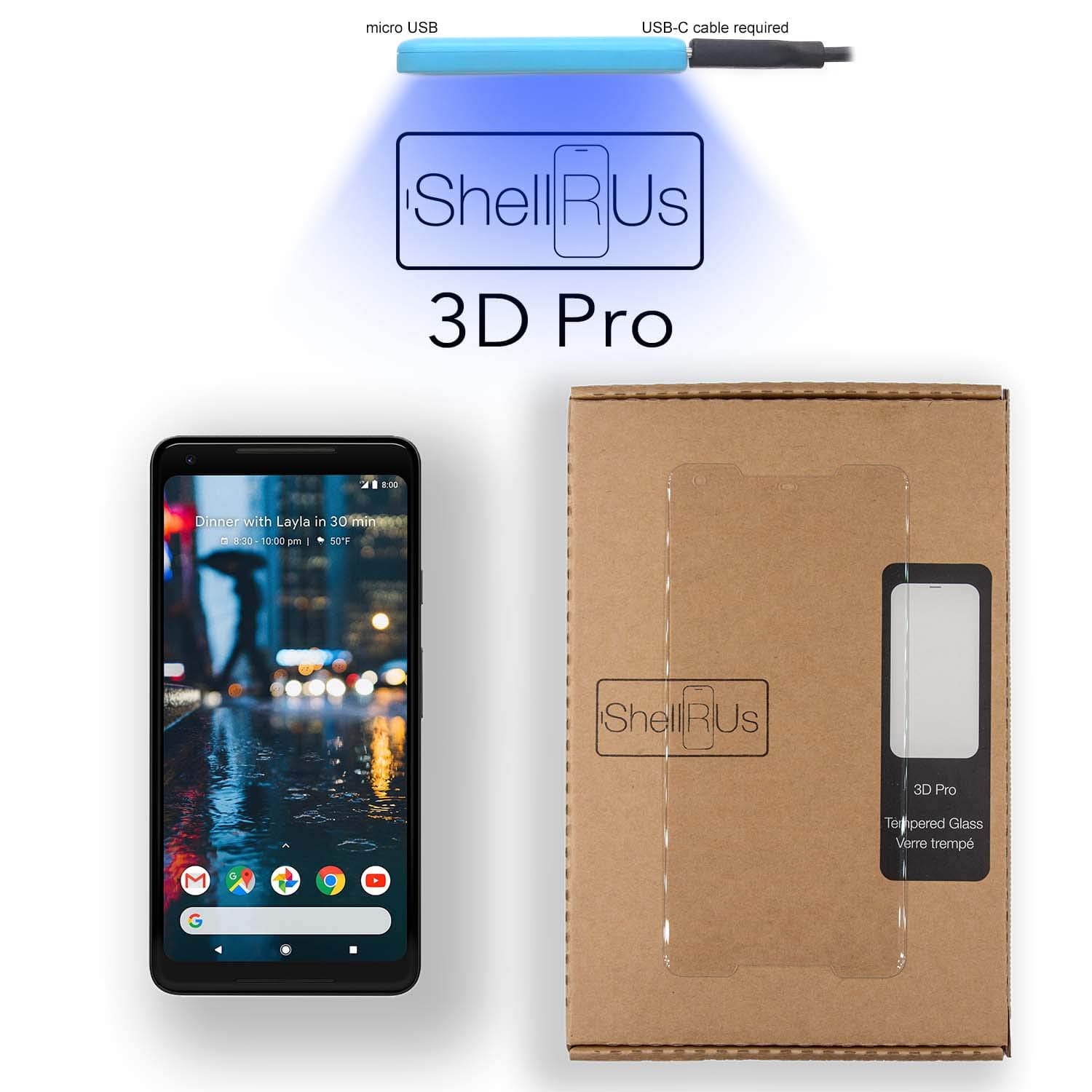 Pixel 2 XL Screen Protector [Shellrus 3D Pro] Full Glue 3D Curved Edge Tempered Glass Screen Protector [UV Cure JellyGlue] DIY Kit for Google Pixel 2 XL, Fix Scratches