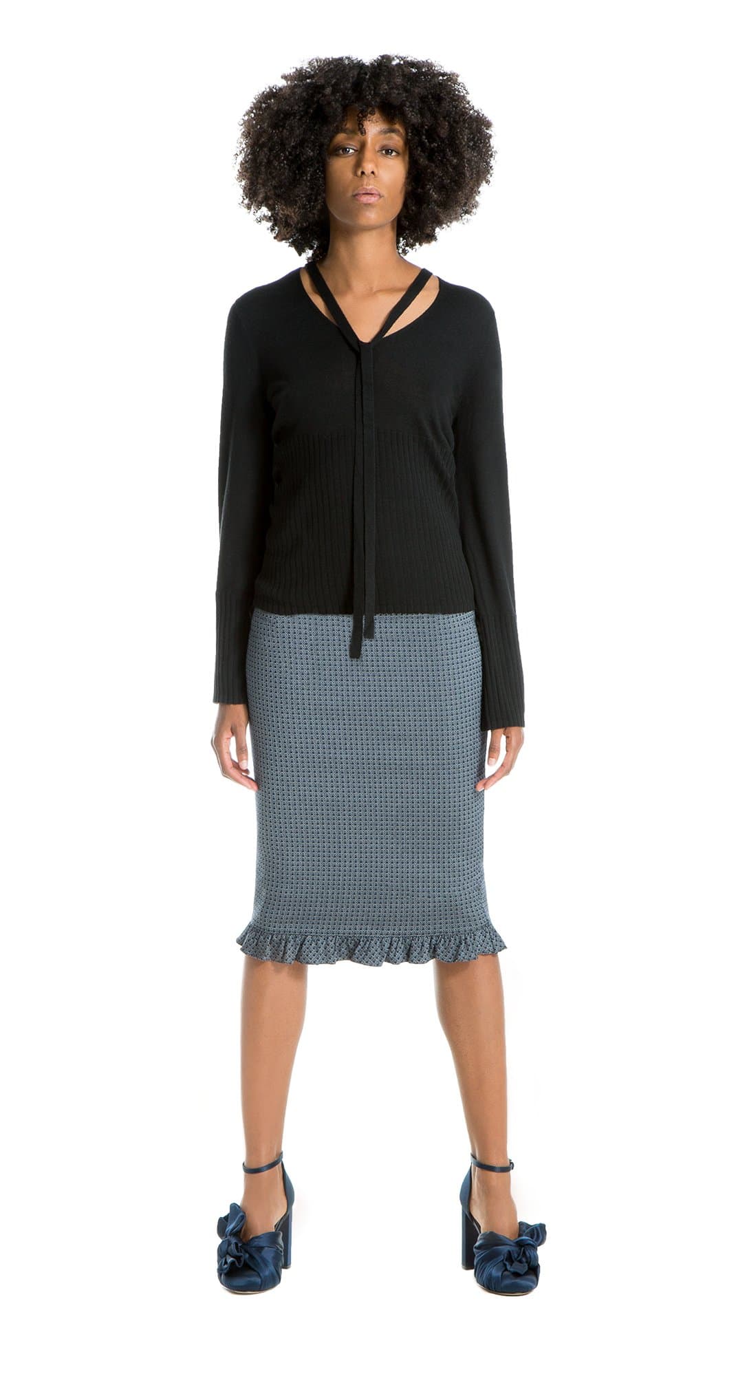 Max StudioRuffled-Hem Pencil Skirt Dark Navy