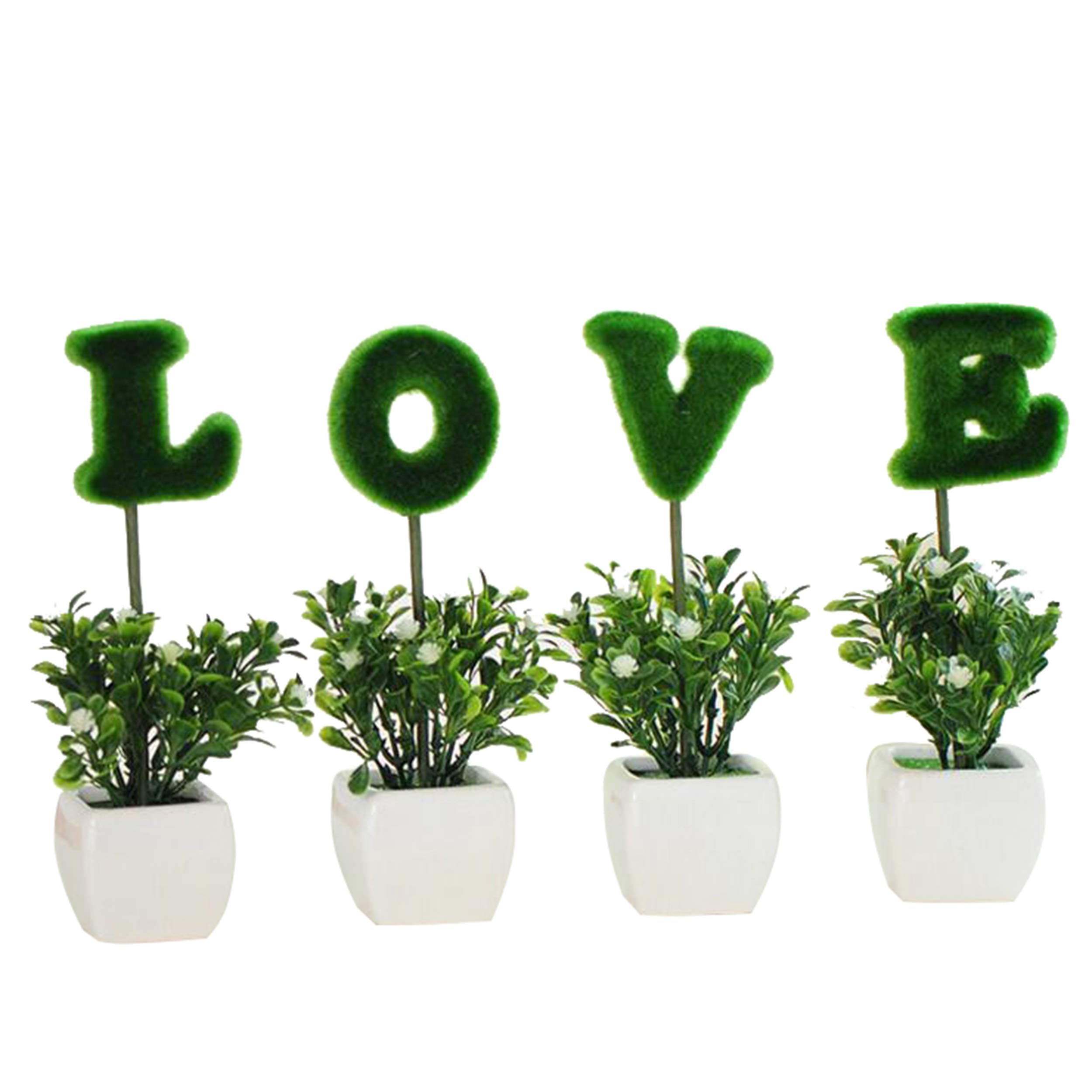 Flikool Artificial Potted Plants Love Artificial Flowers in Pot Simulation Fake Artificial Bonsai Faux Green Grass Greenery Home Decoration Ornaments Balcony Valentine's Day Wedding Decor - Green