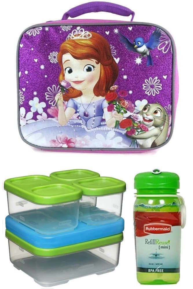 Disneys Sofia The First Lunch Kit/Box, Rubbermaid Lunch Blox Sandwich Kit & Reusable Bottle - This Bundle Includes a Total of 11 Pieces