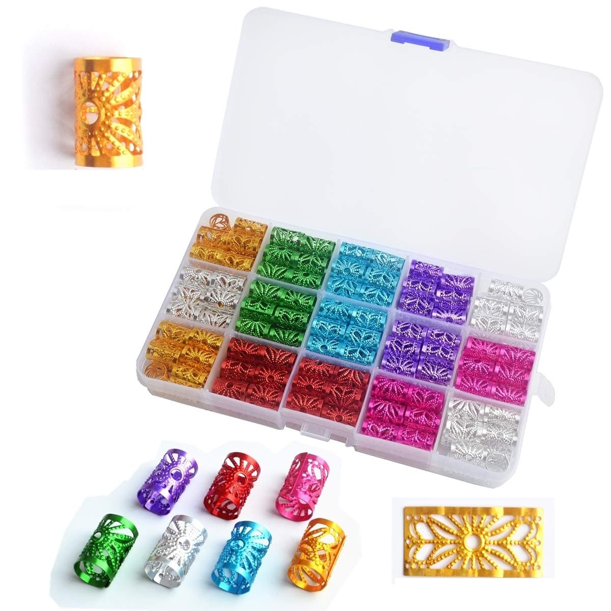 editTime 176 Pieces Multicolor Dreadlocks Beads Kit Adjustable Aluminum Dread Locks Metal Hair Braiding Cuffs Filigree Tube Beads Braiding Hair Jewelry Decoration(colorful-big)
