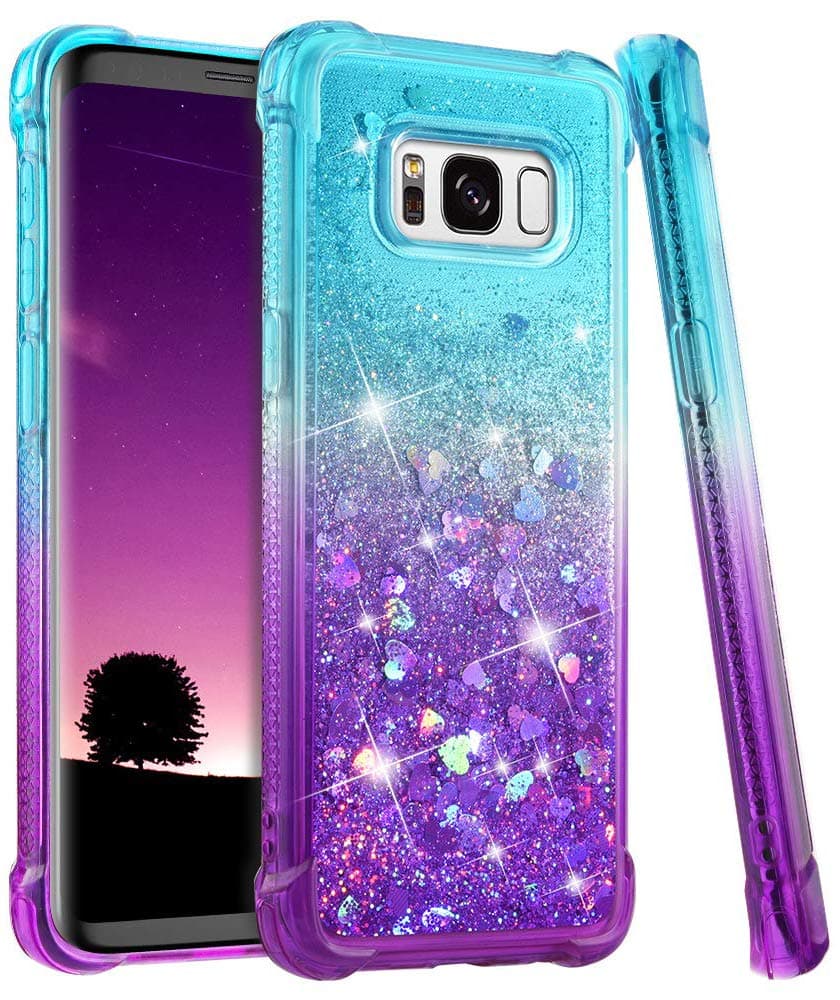 wlooo Samsung Galaxy S8 case, S8 Glitter case, Samsung S8 Phone case, Glitter Liquid Gradient Quicksand Girls Soft TPU Bumper Silicone Protective Shockproof Cover (Teal Violet)