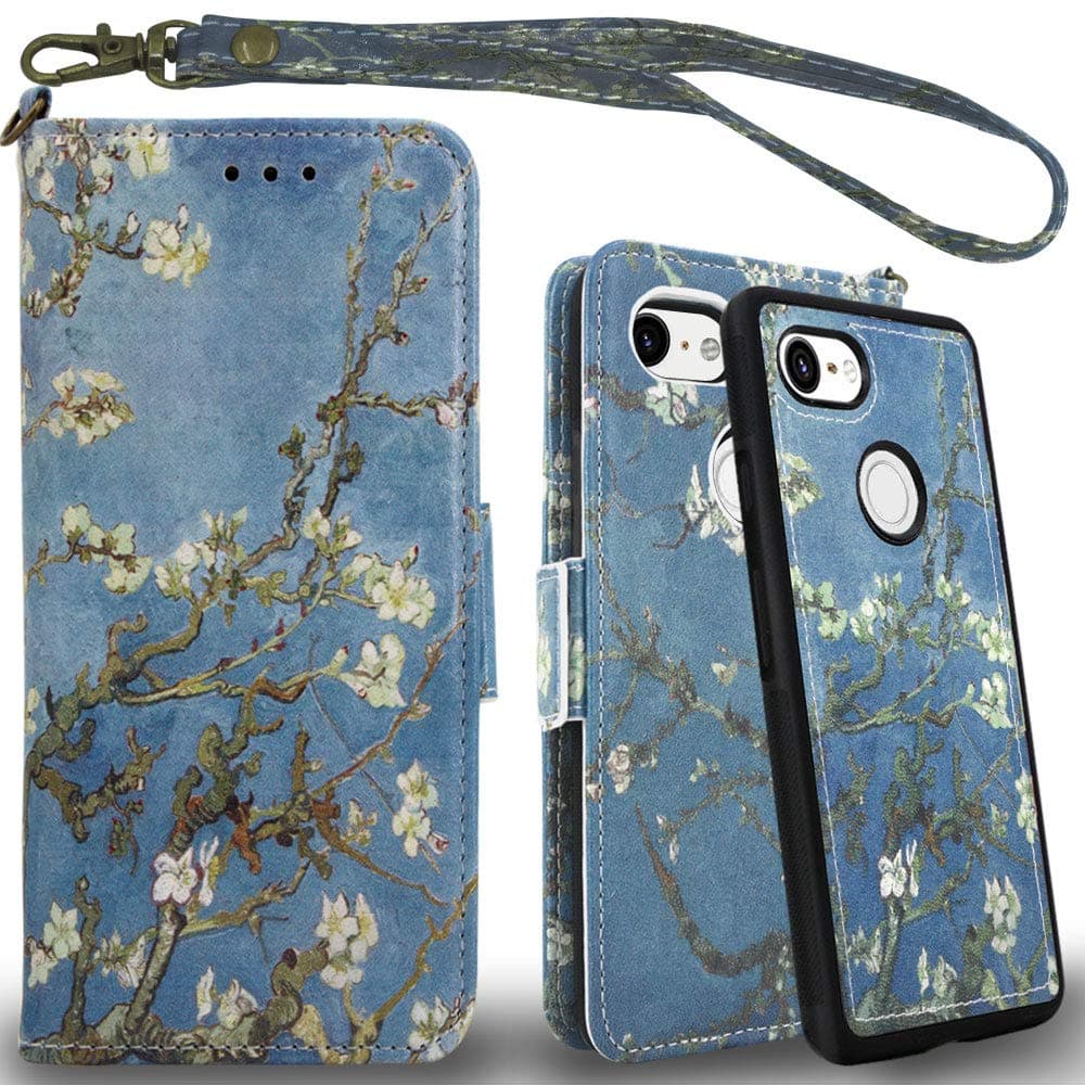 Mefon Google Pixel 3 XL Case Wallet Leather Detachable, with Tempered Glass and Wrist Strap, Enhanced Magnetic Closure, Card Slot, Kickstand, Durable Flip Folio Cases for Pixel 3 XL (Blossom)