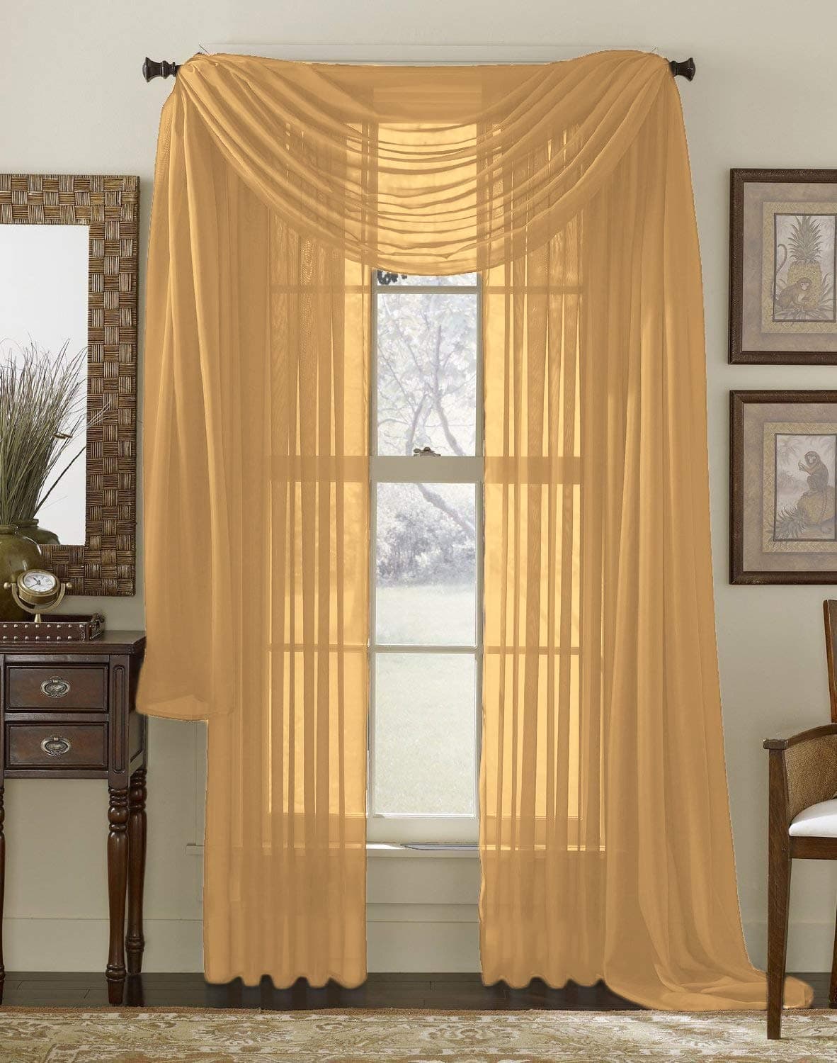 Interior Trends 3 Piece Fully Stitched Sheer Curtain Panel Window Drapes and Scarf Set of 2 Panels and 1 Matching Scarf (108" Long, Gold)