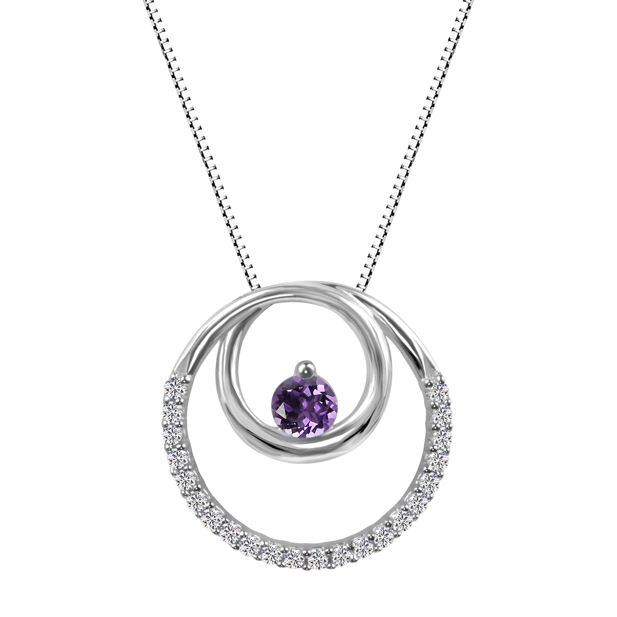 Sterling Silver 925 Gemstone and Lab-Created White Sapphire Circle Pendant Necklace, 18"