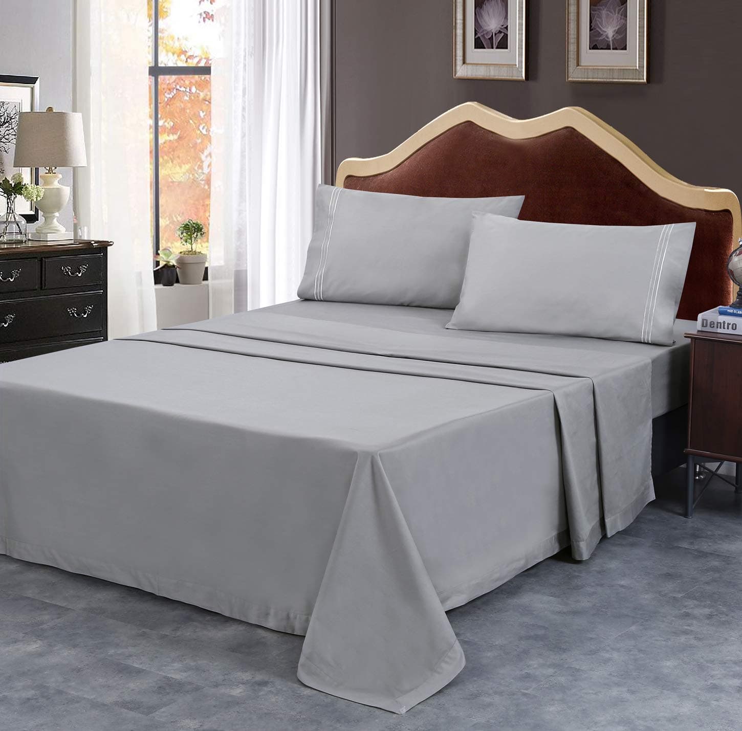 SUSYBAO Bed Sheets Set 100% Cotton King Size Gray Bedding 4 Pieces Set 1 Flat Sheet 1 Fitted Sheet 15 inches Deep Pocket 2 Embroidered Pillowcases Solid Color Luxury Quality Soft Breathable Durable