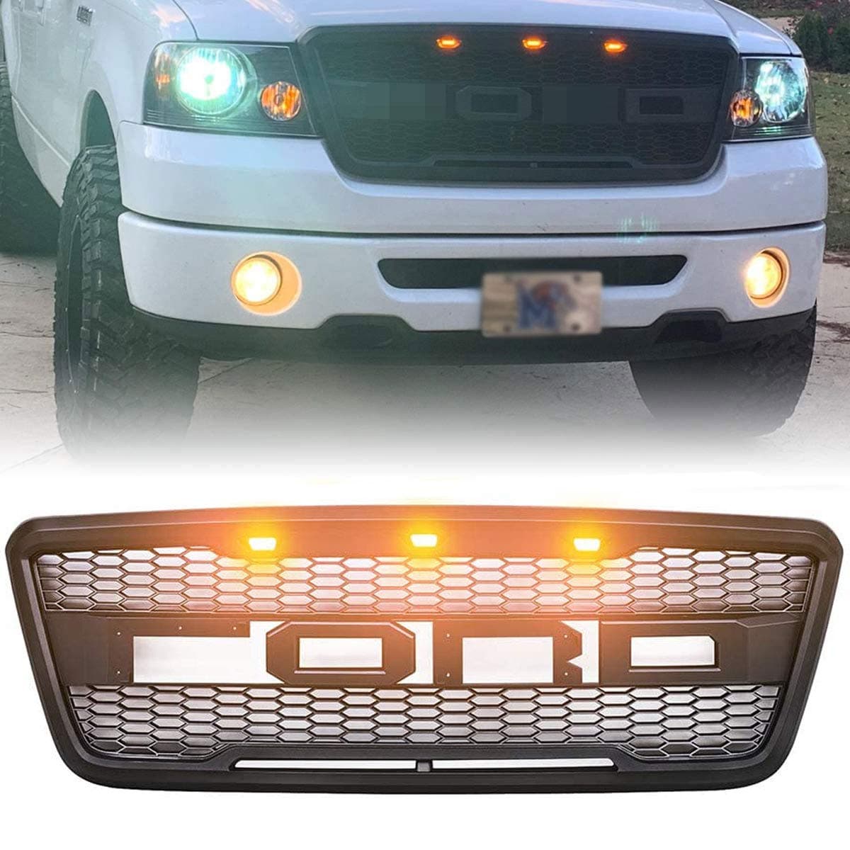 Front Raptor Style Grill, Mesh Honeycomb Matte Black Frame Grille, with 3 Amber LED Lighting, for Ford F150 2004-2008, Car Modified Accessories