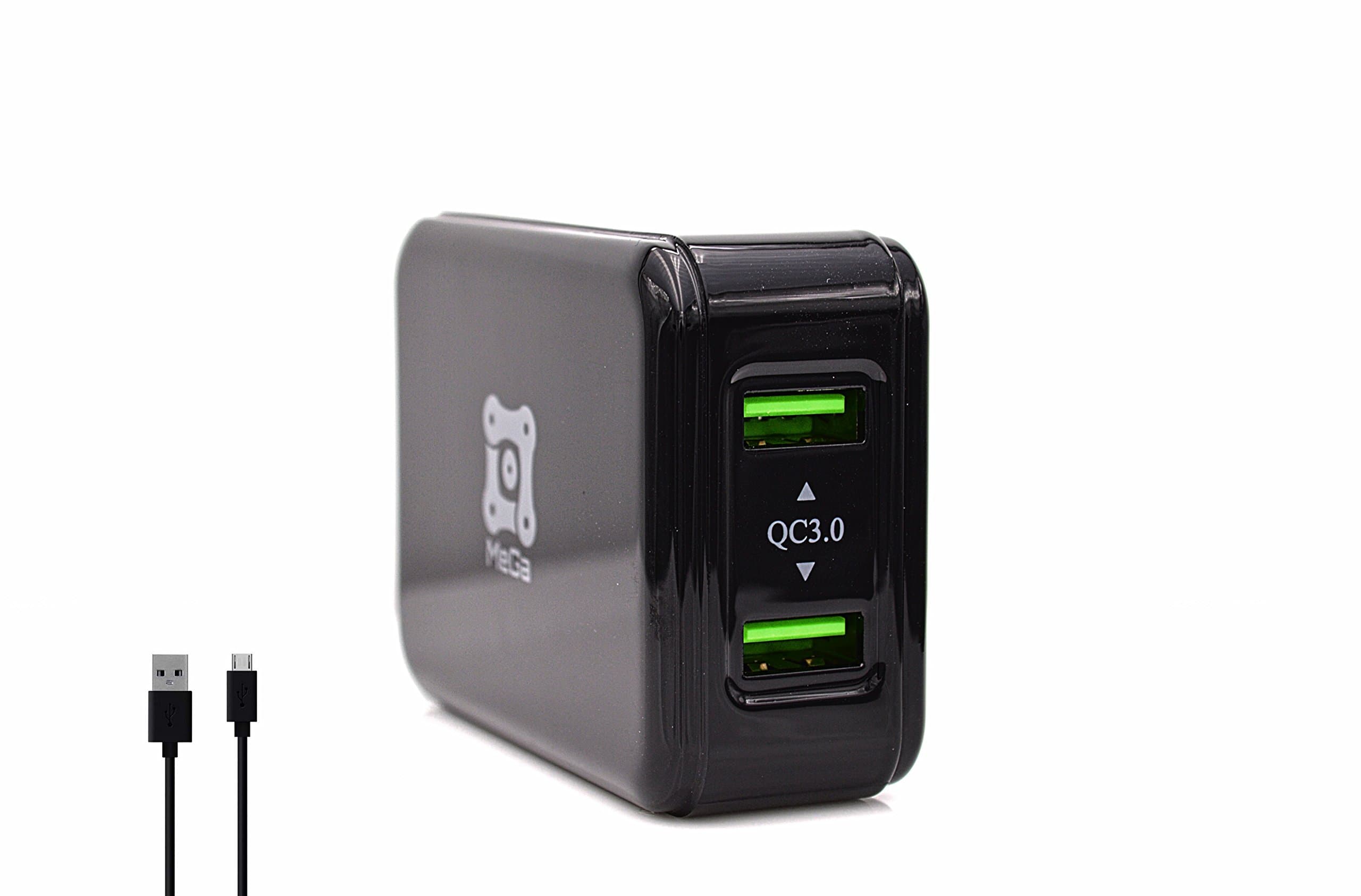 MeGa Quick Charge 3.0 Wall Charger, 36W Dual USB Adapter with 3ft Micro Cable, USB Rapid Fast Turbo Charger for Galaxy S7/S6/Edge/Plus, Note 5/4 for iPhone 6/7, iPad, LG, Nexus, HTC, Motorola [Black]
