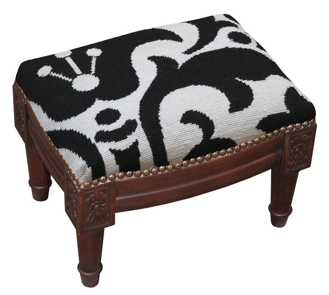 SketchONE Wool Needlepoint Upholstered Footrest, Damask, Black