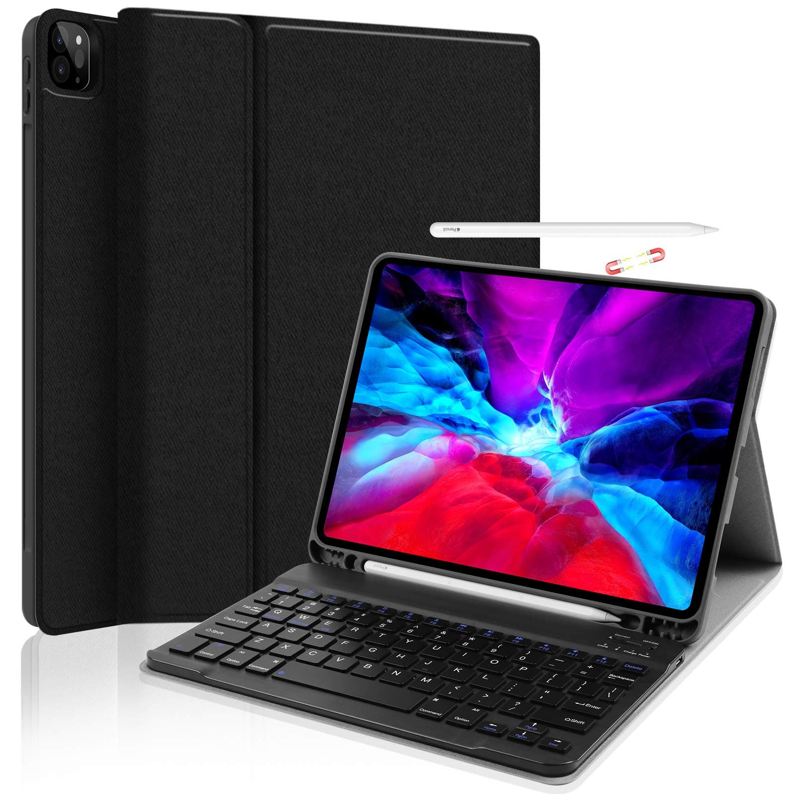 iPad Pro 11 2021 2020 Keyboard Case - JUQITECH Case with Wireless Keyboard - Support Pencil Charging Holder Detachable Keyboard Flip Stand Cover for iPad Pro 11 Inch 3rd Gen 2021 / 2nd Gen 2020, Black
